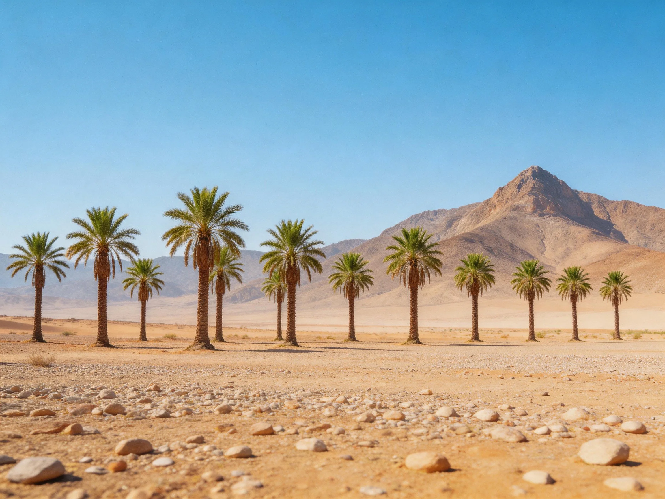 Twelve palm trees in a sandy desert near brown mountains