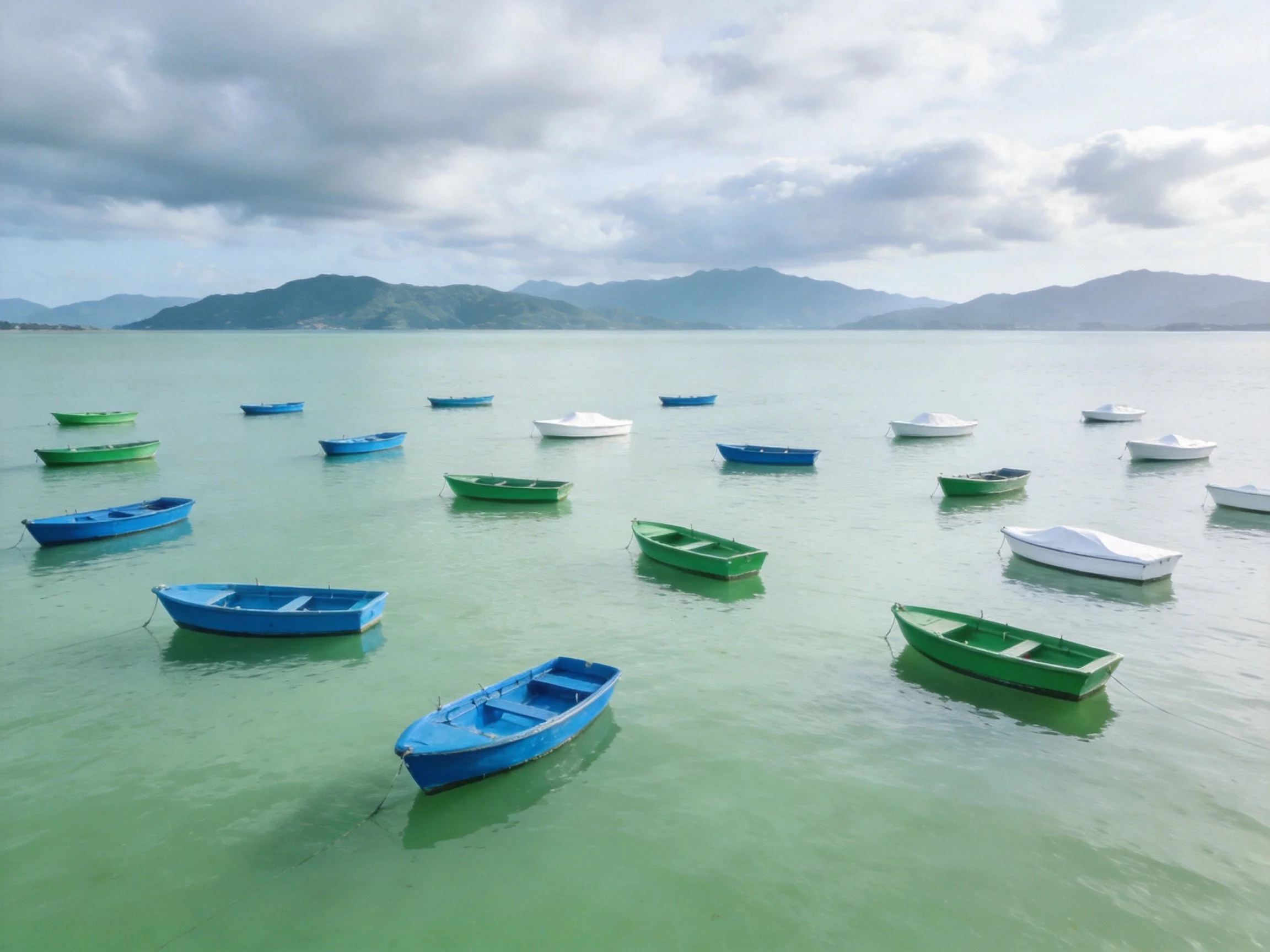 Twenty-five small boats in blue, green, white on calm green water