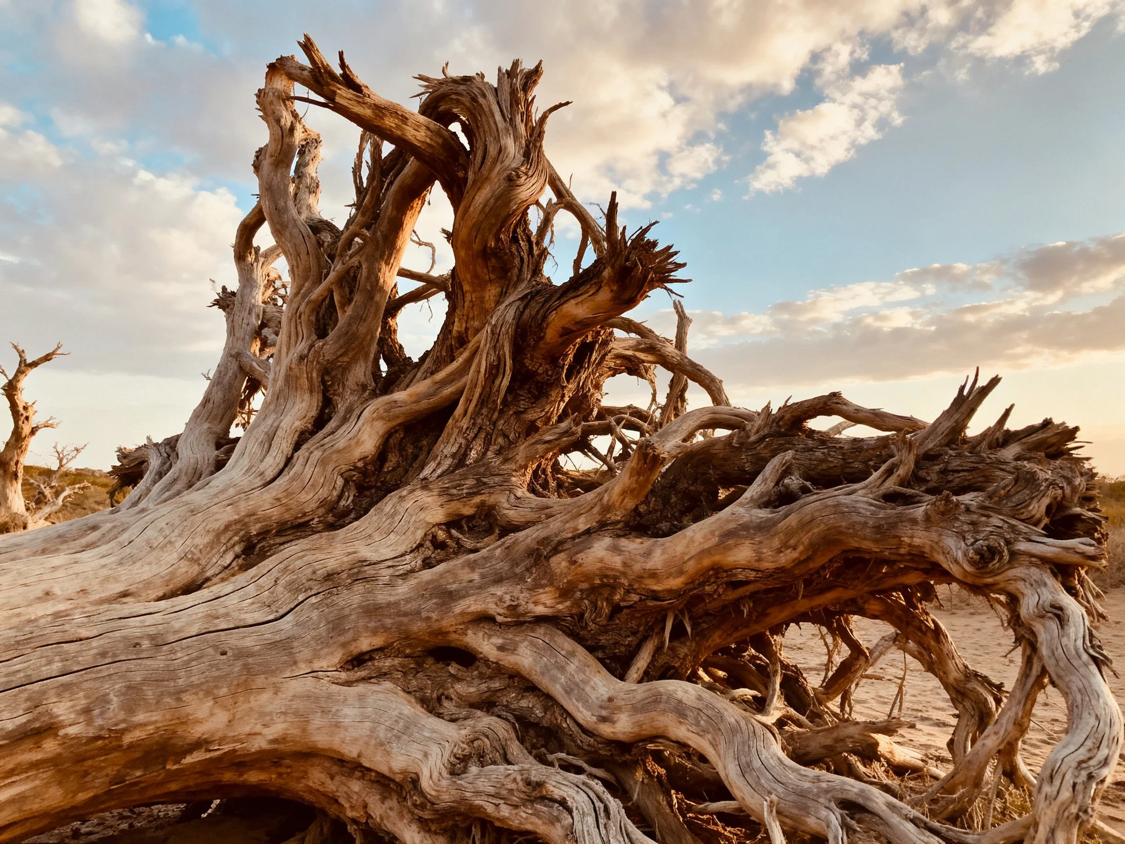 Twisted, aged wood structure under a bright sky