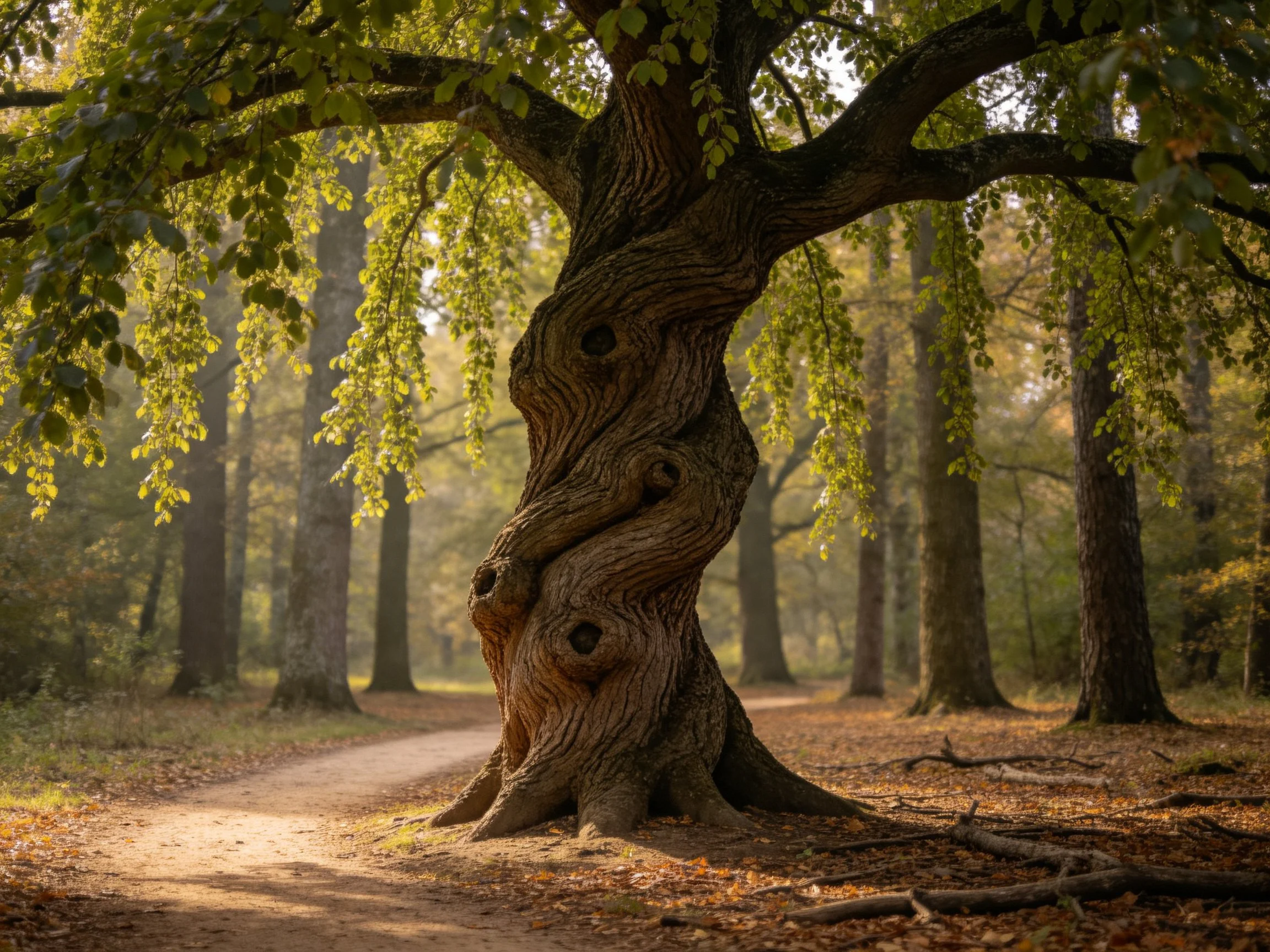 Twisted ancient tree dominates sun-dappled forest path