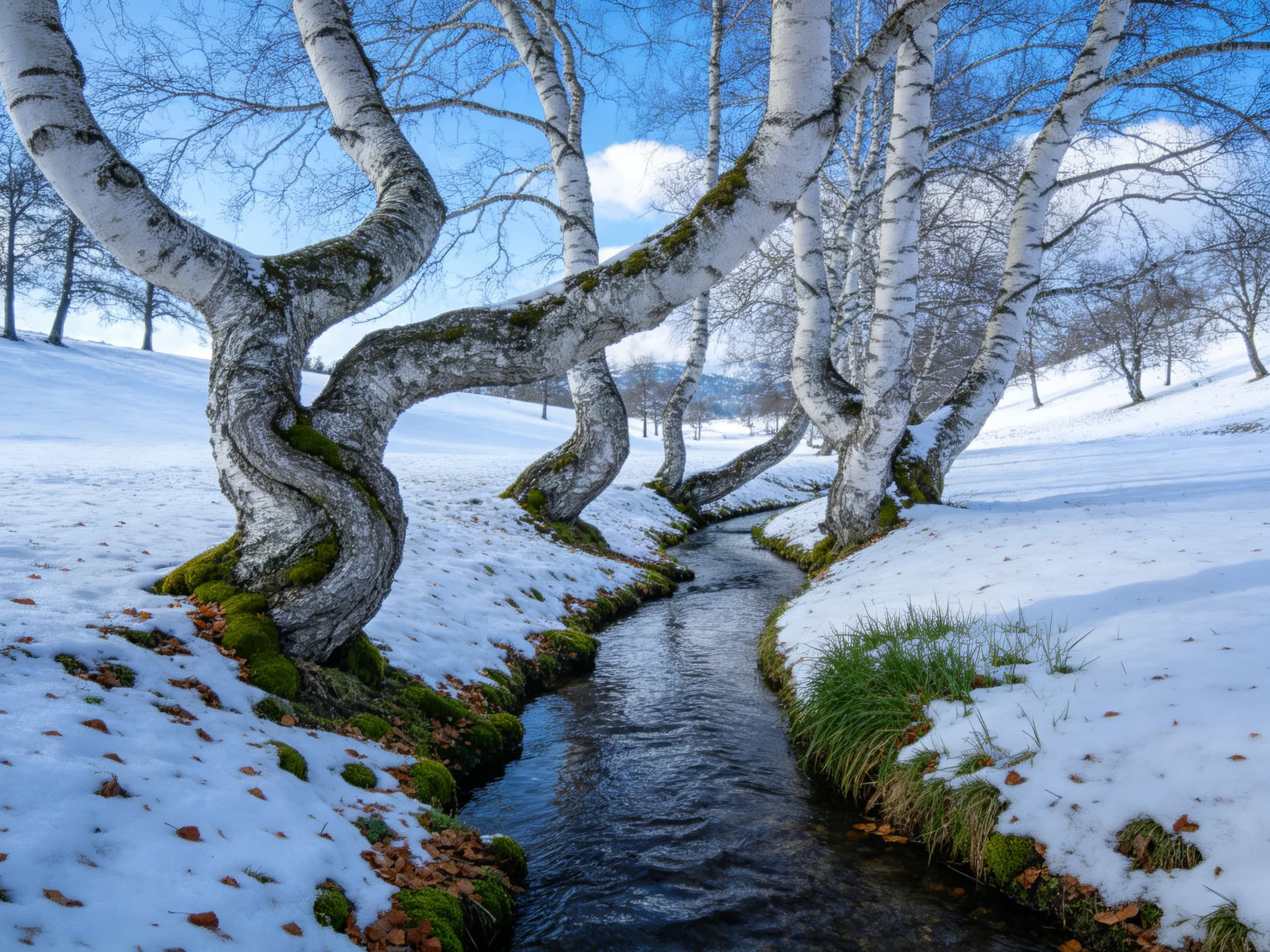 Twisted birch trees beside a snow-lined stream with mossy trunks