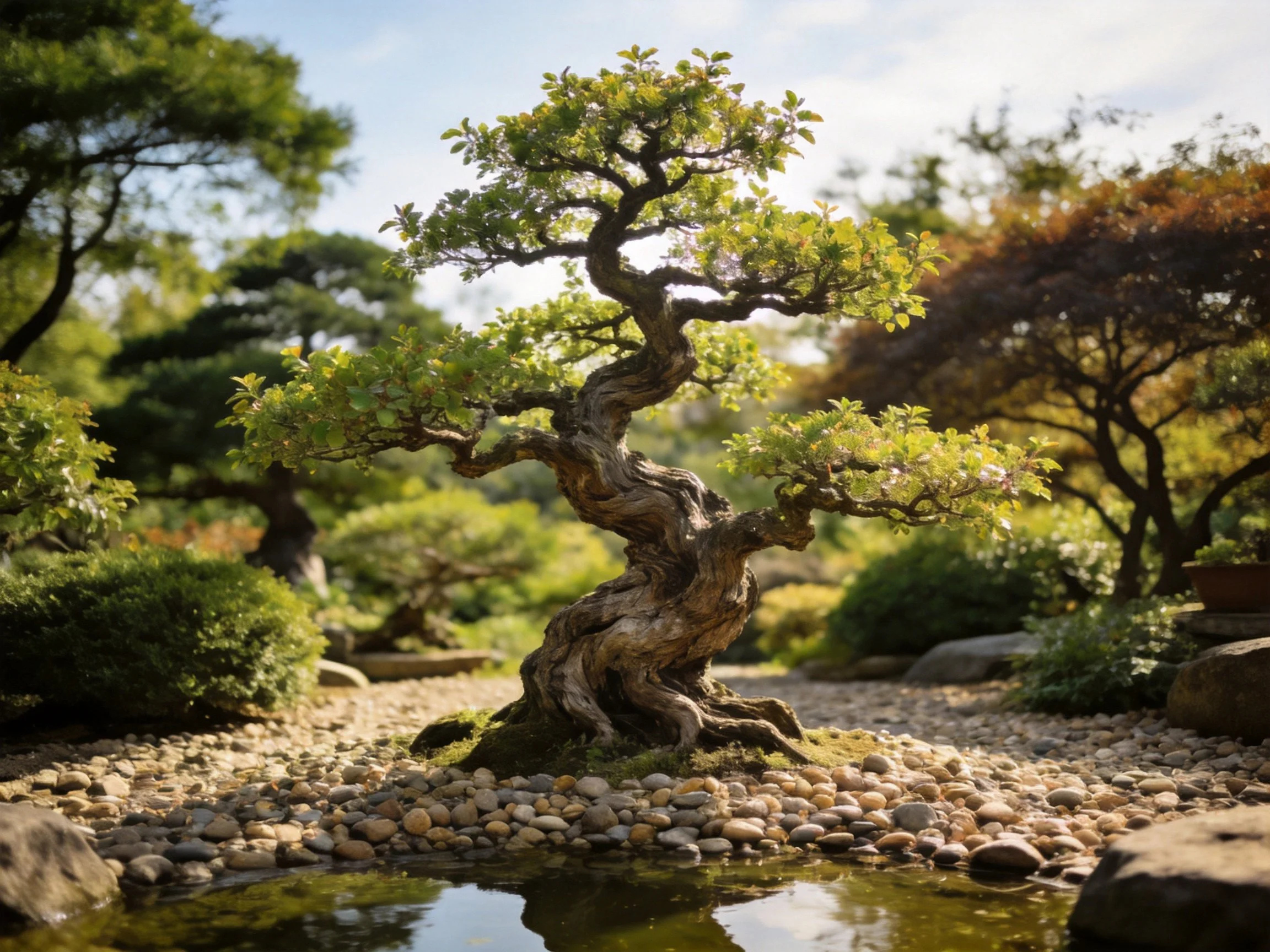 Twisted bonsai tree in serene Japanese rock garden