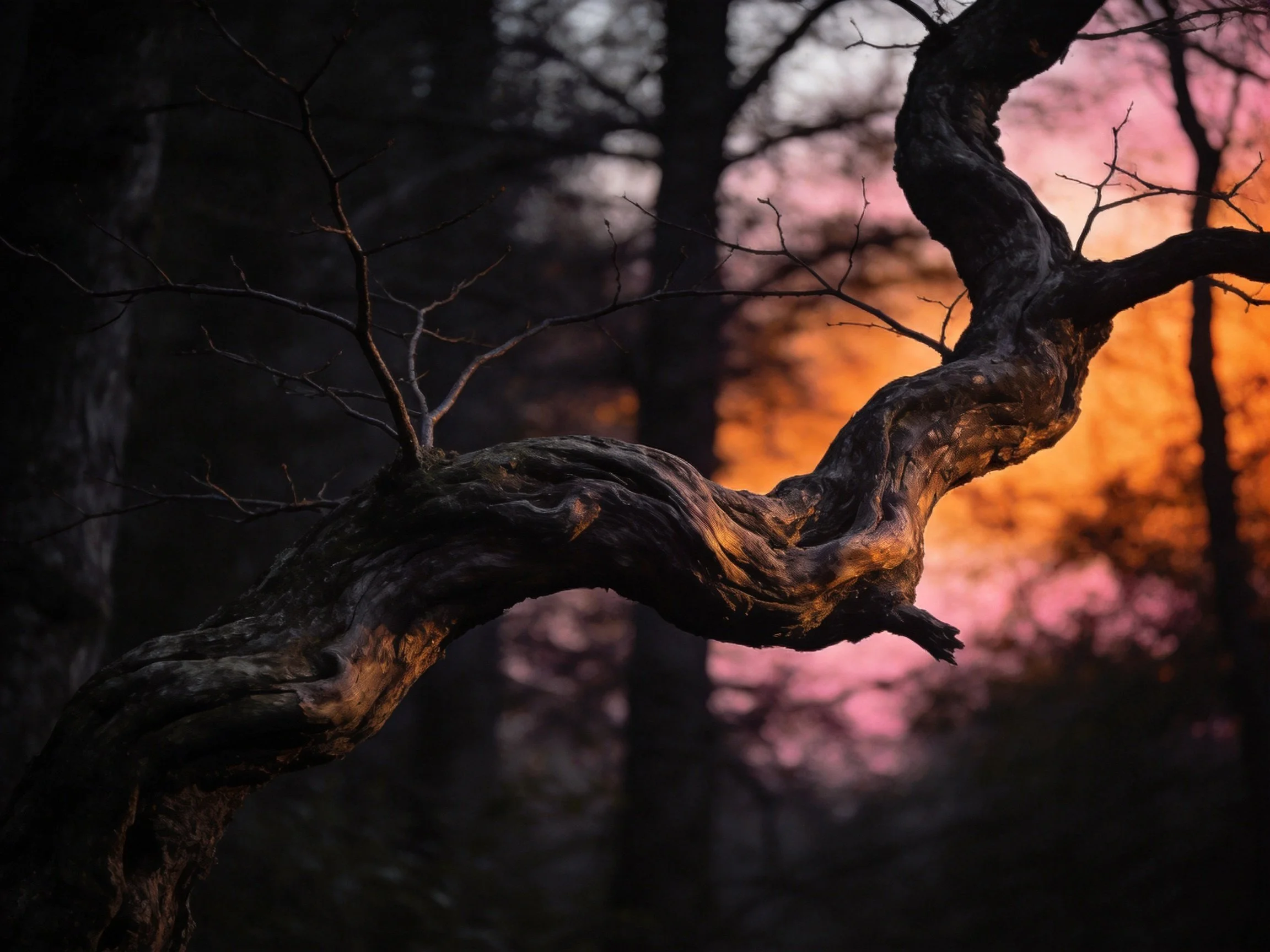 Twisted gnarled tree branch amidst vibrant sunset forest