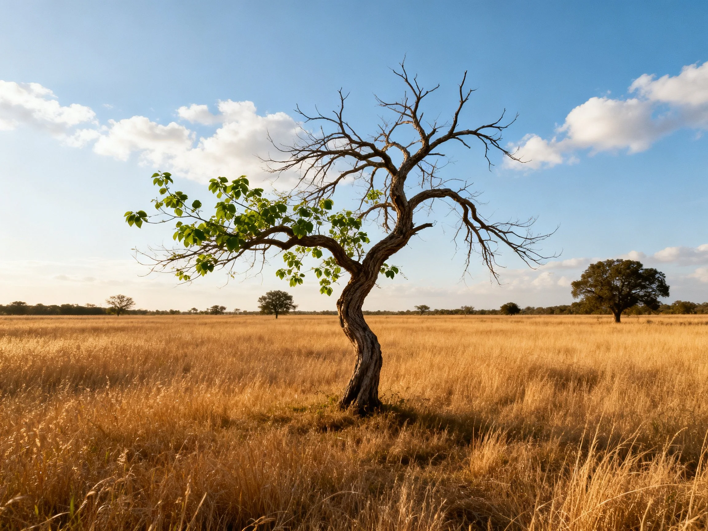 Twisted tree with green foliage in golden savannah under clear blue sky