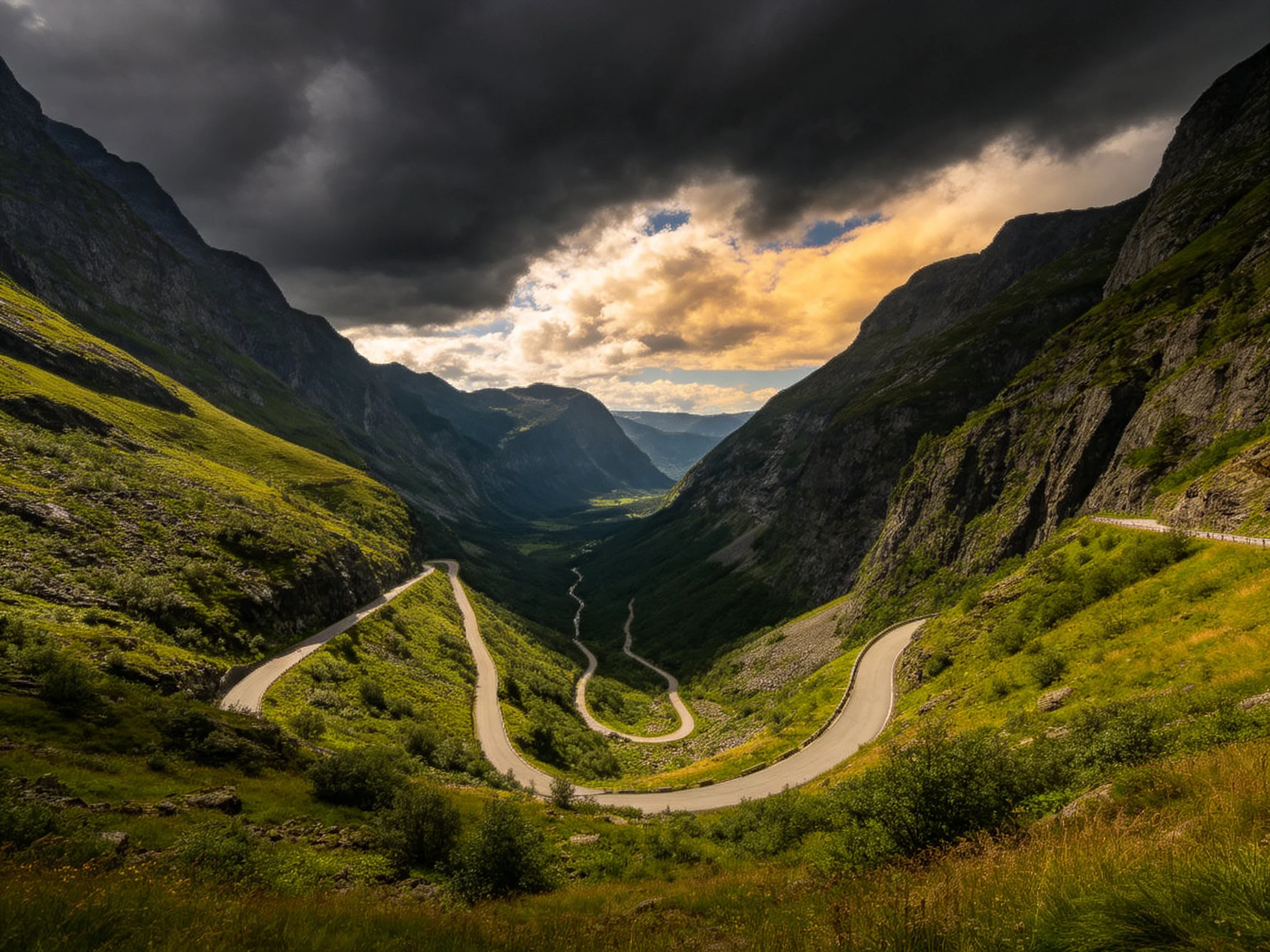 Twisty mountain road through lush green valleys under stormy skies