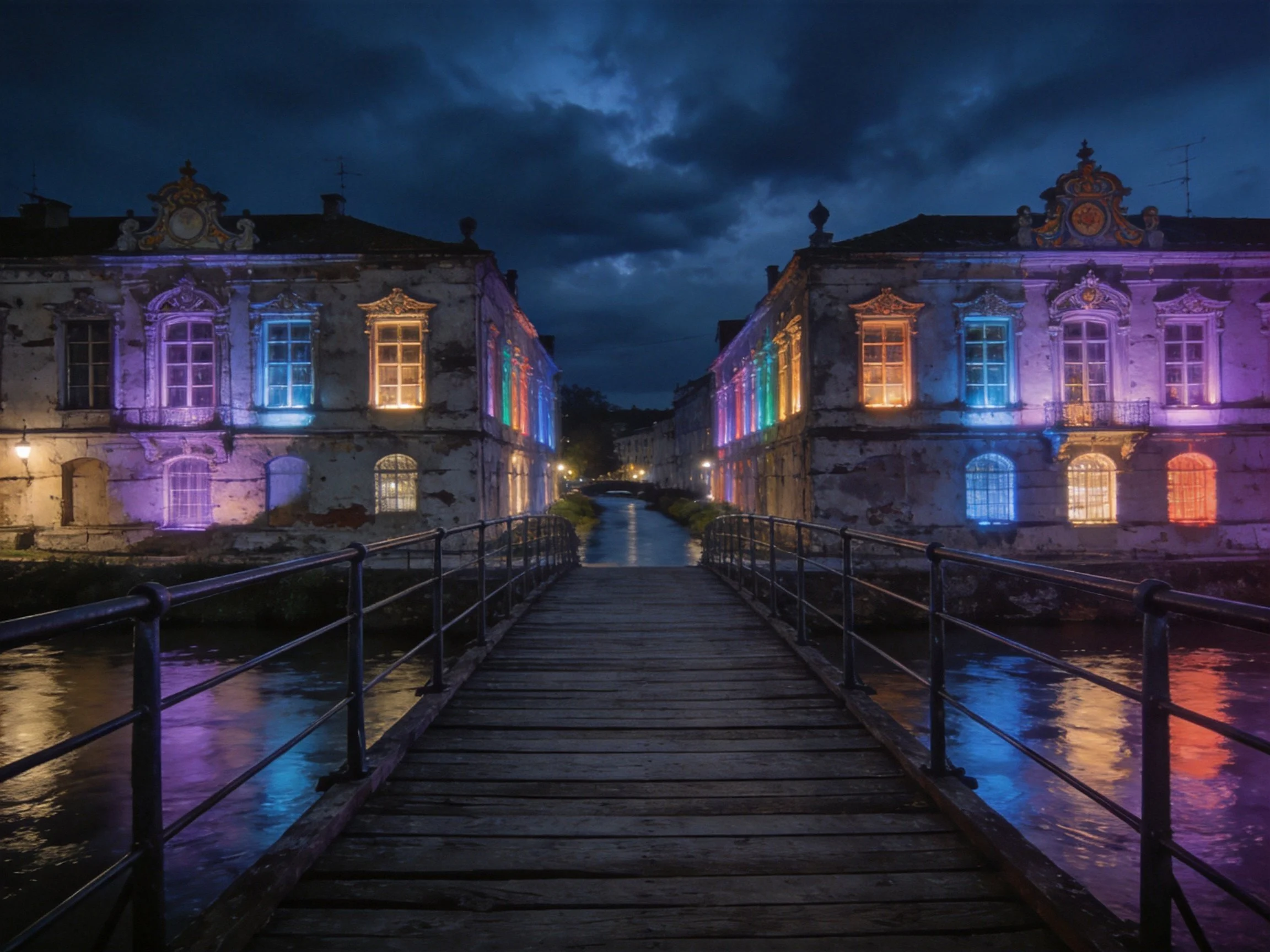 Two Historic Buildings Lit Colorfully By Water At Night
