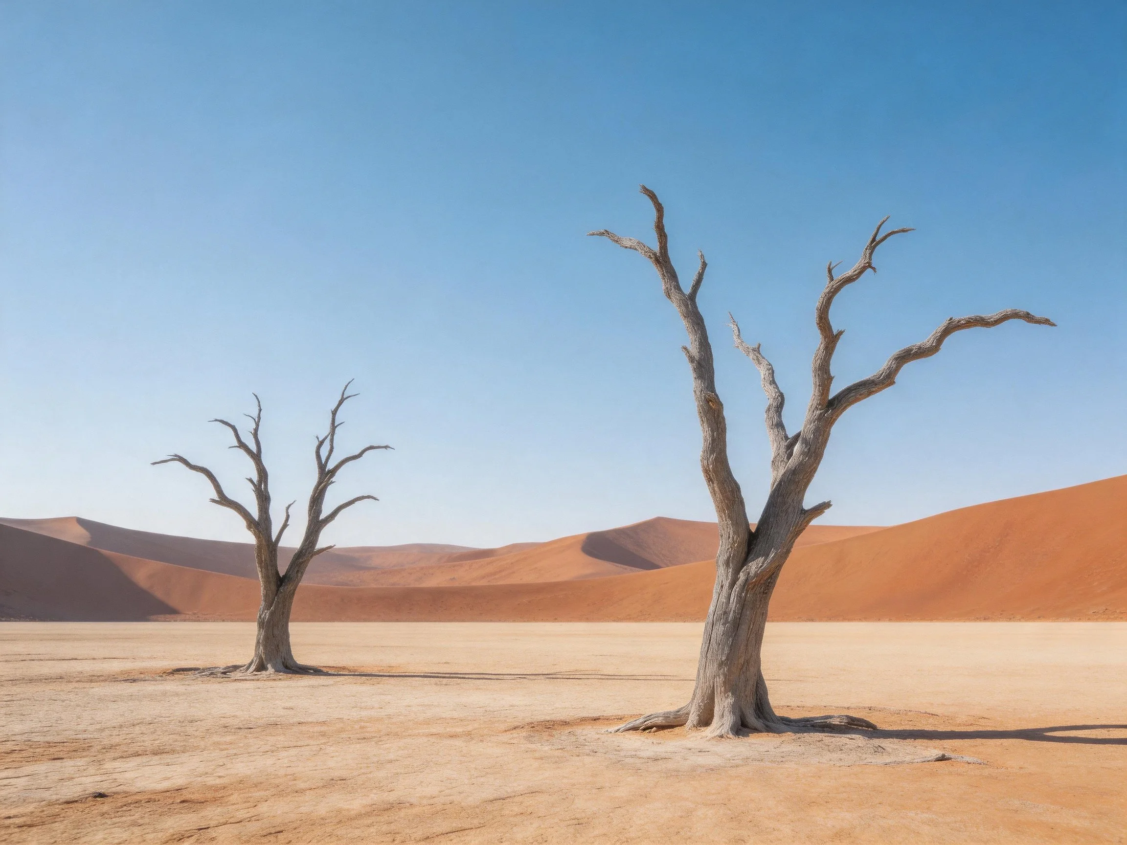 Two Leafless Trees Among Sandy Desert Dunes