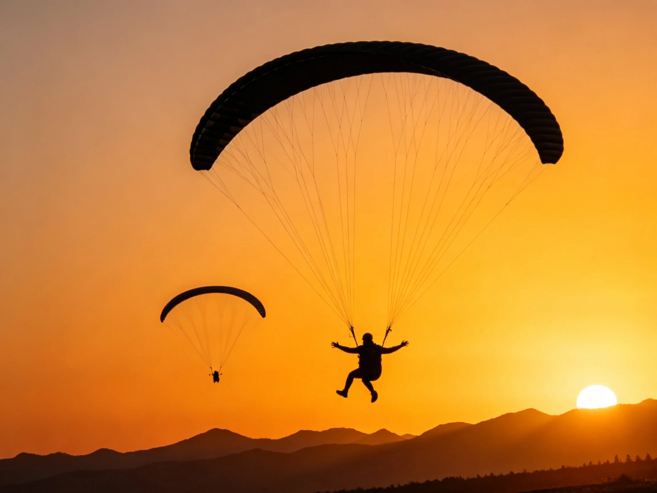 Two Paragliders Silhouetted in Sunset Flight Over Mountain Range