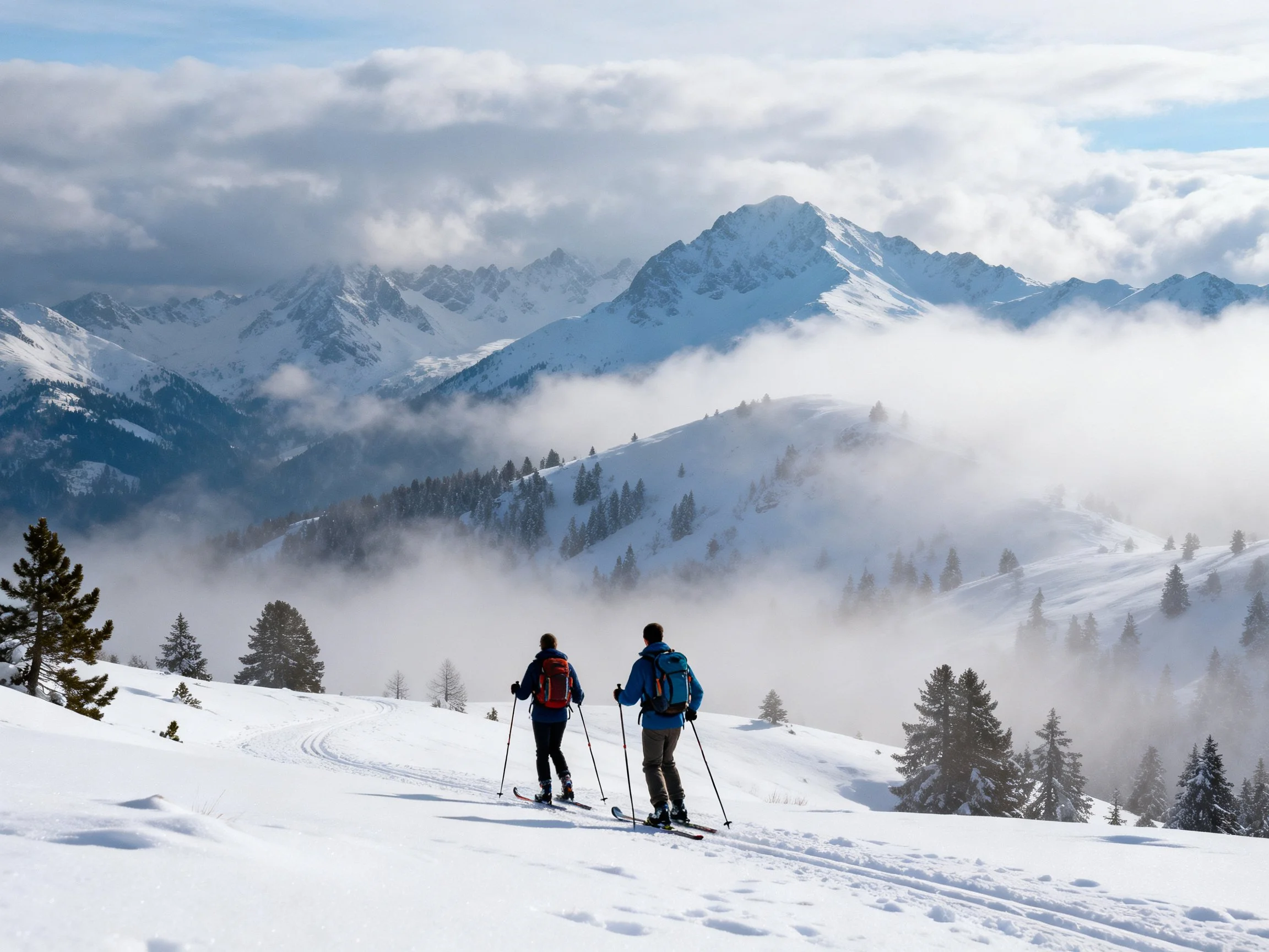 Two Skiers Ski Through Snowy Terrain Near Mist-Shrouded Mountains