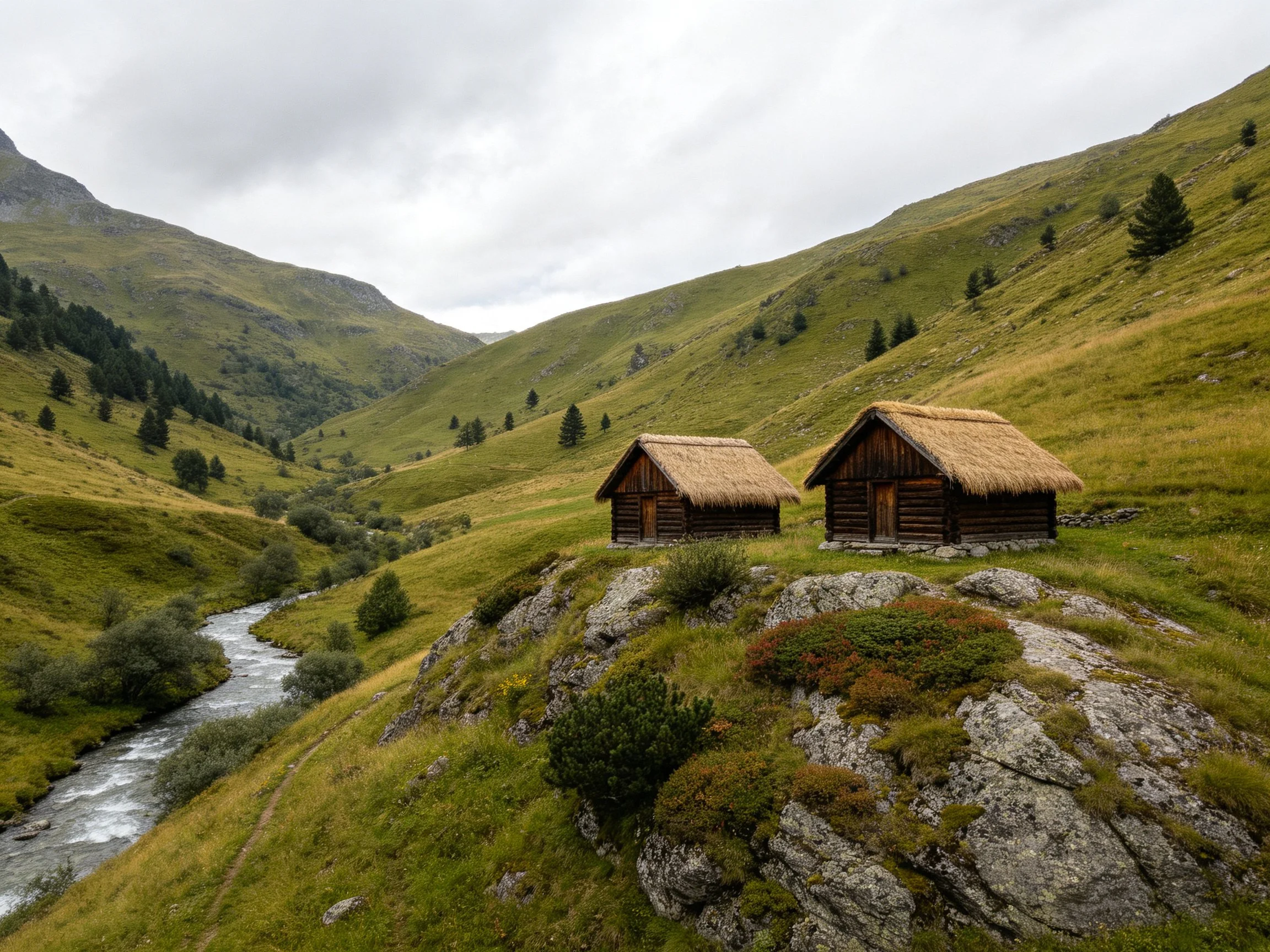Two Straw-Roofed Cabins Near a Winding Stream in Lush Mountain Valley