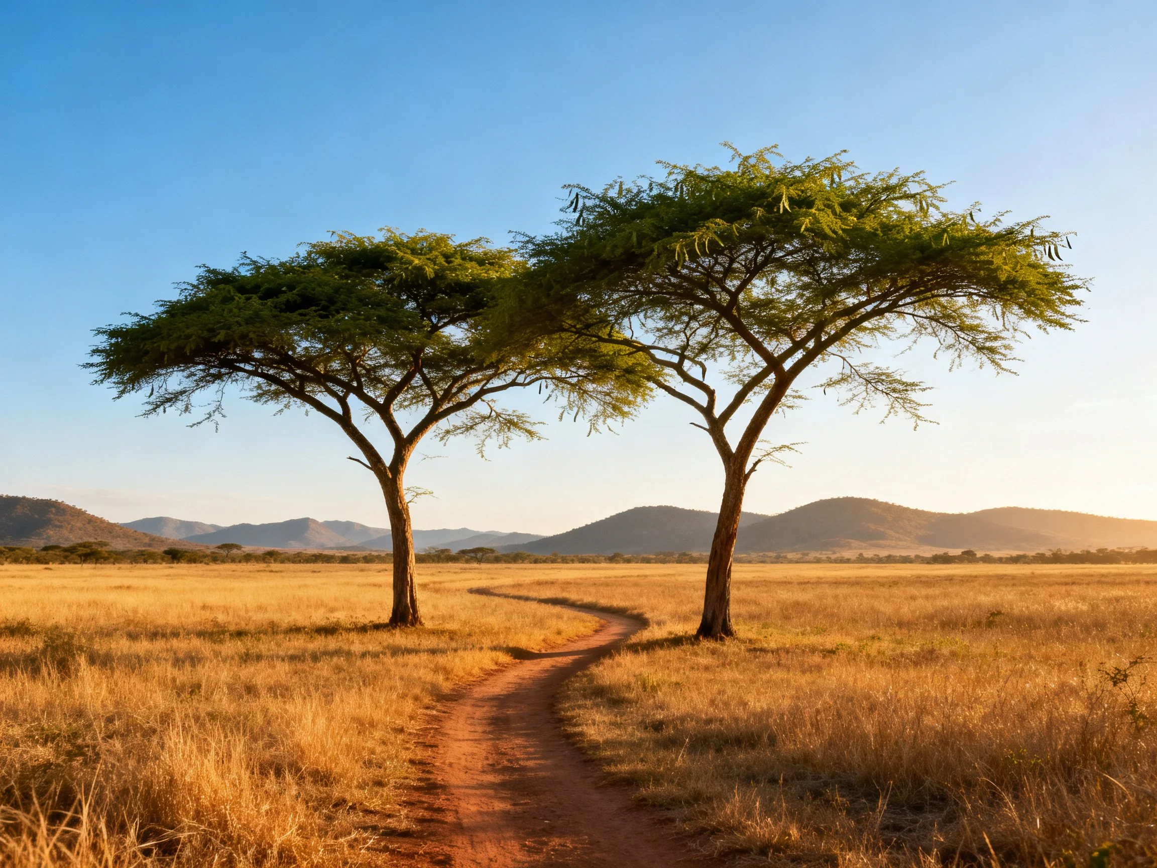 Two acacia trees stand in a golden savannah under a clear blue sky