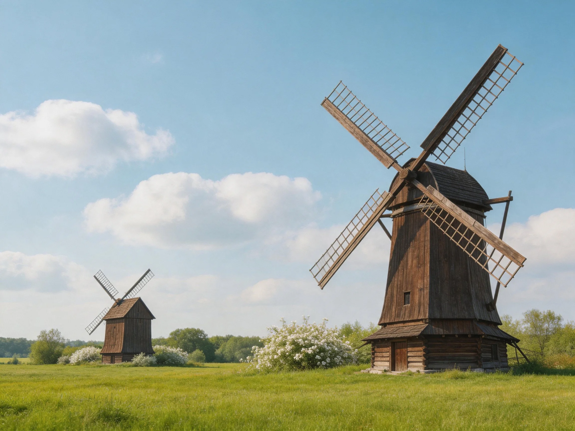 Two aged wooden windmills stand in a lush green meadow beneath a bright blue sky
