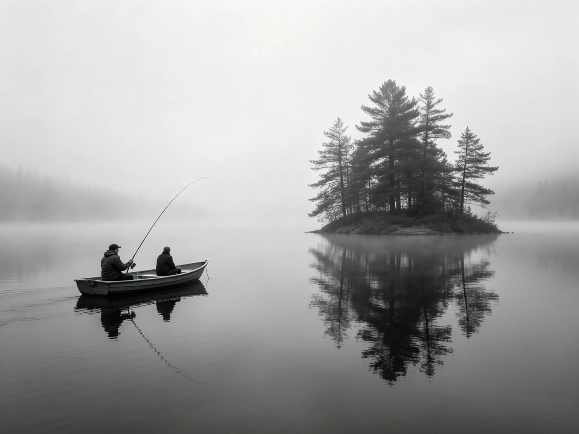 Two anglers fish from a boat near a forested island on misty water