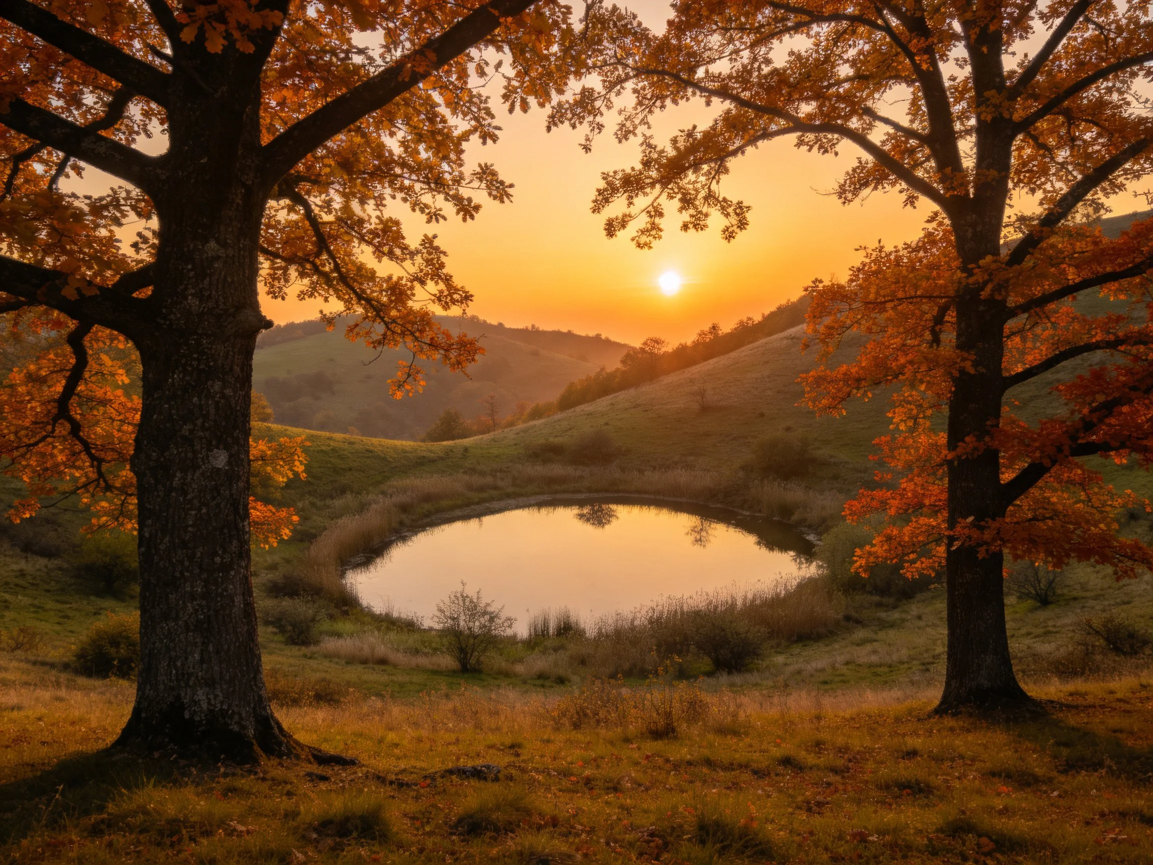 Two autumn trees frame a pond amid rolling hills at sunset