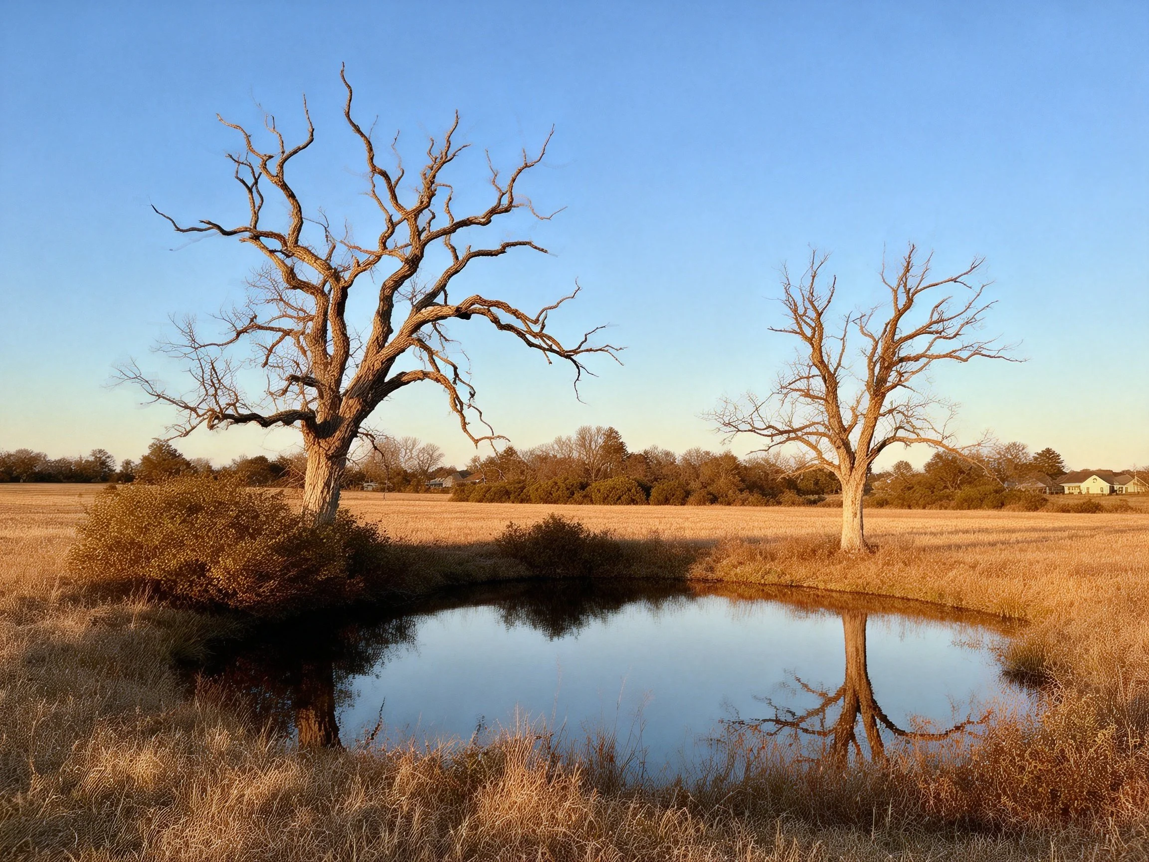 Two bare trees beside a reflective pond in golden fields under blue sky