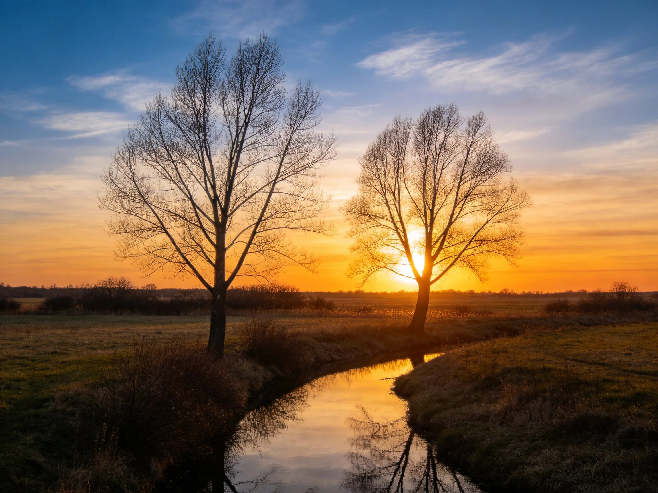 Two bare trees beside a reflective stream at golden sunset
