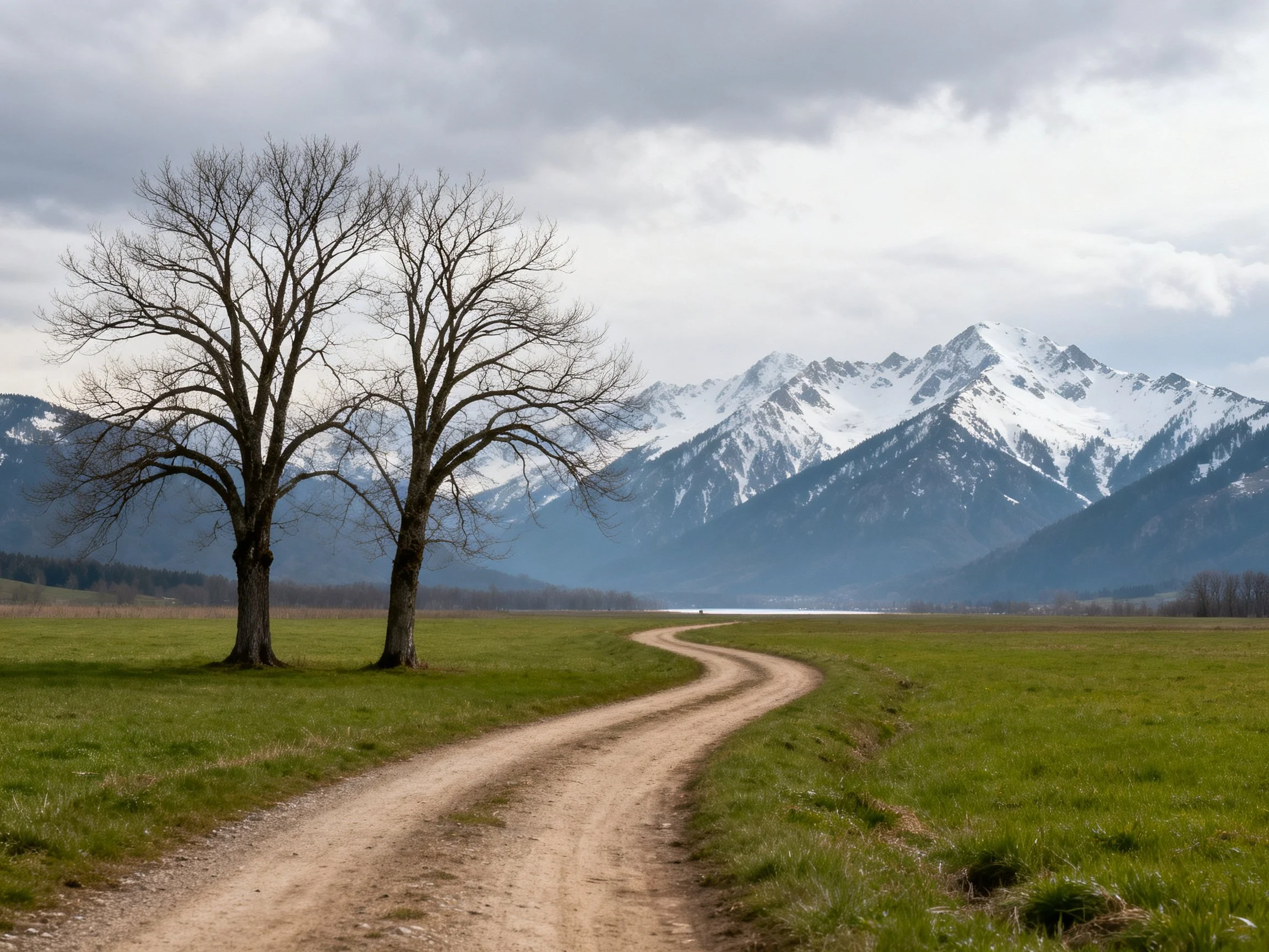Two bare trees beside a winding dirt road near snow - capped mountains