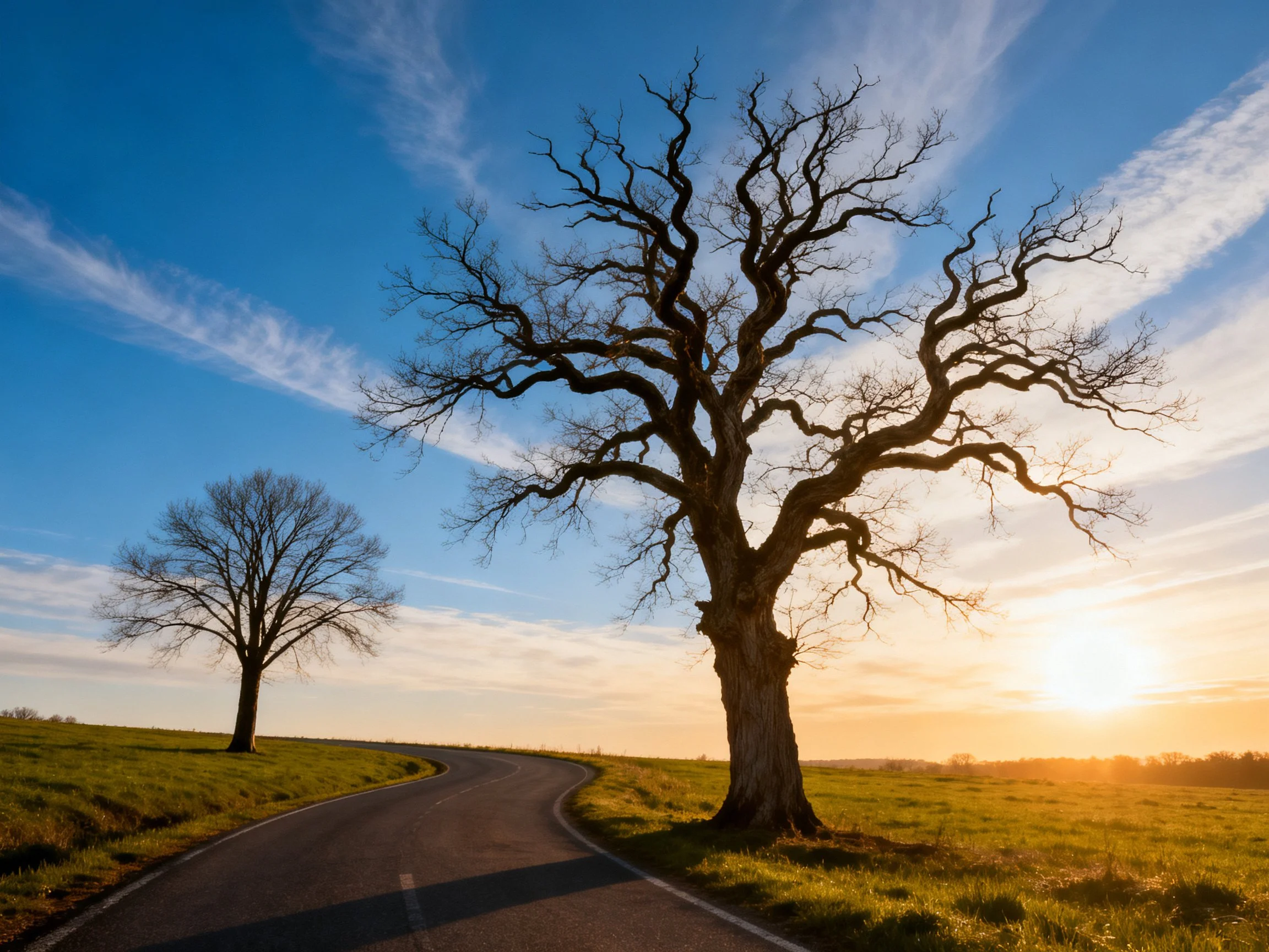 Two bare trees beside winding road under golden sunset sky