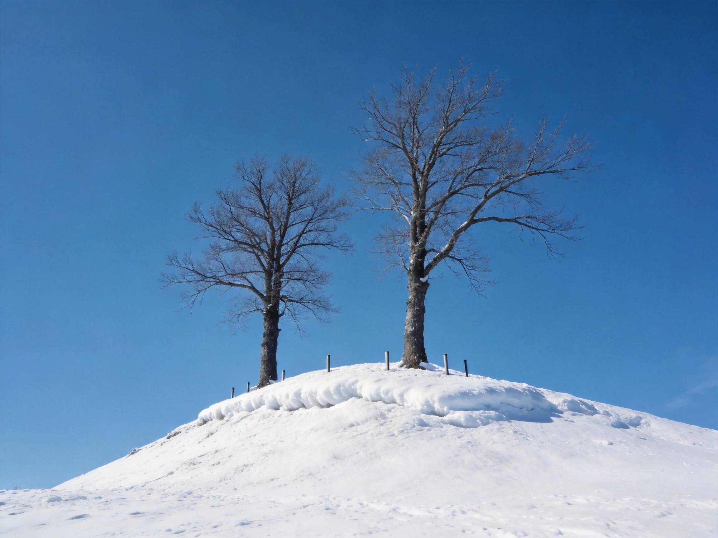 Two bare trees on a snow-covered hill under clear blue sky