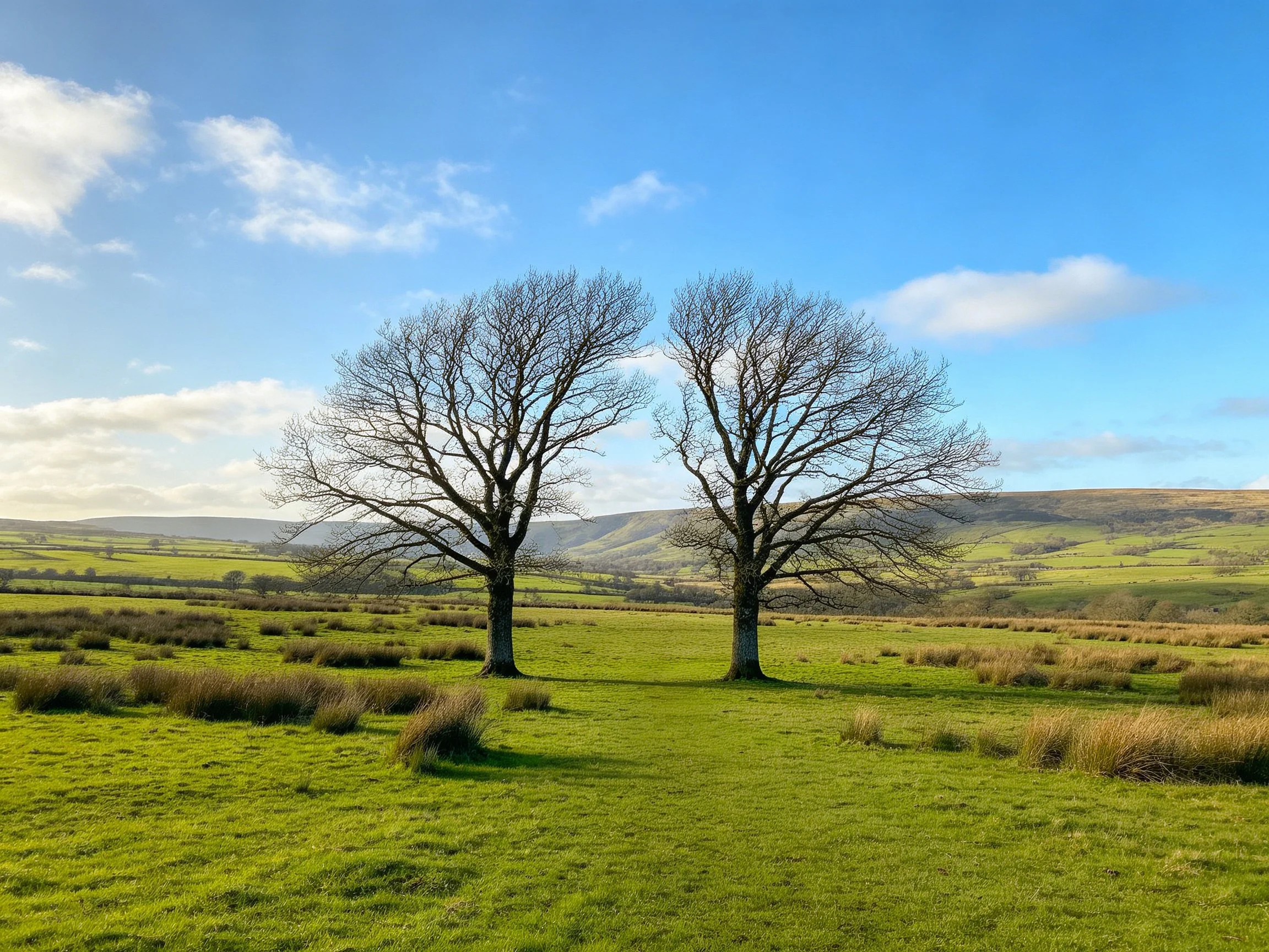 Two bare trees stand in a lush green meadow with rolling hills