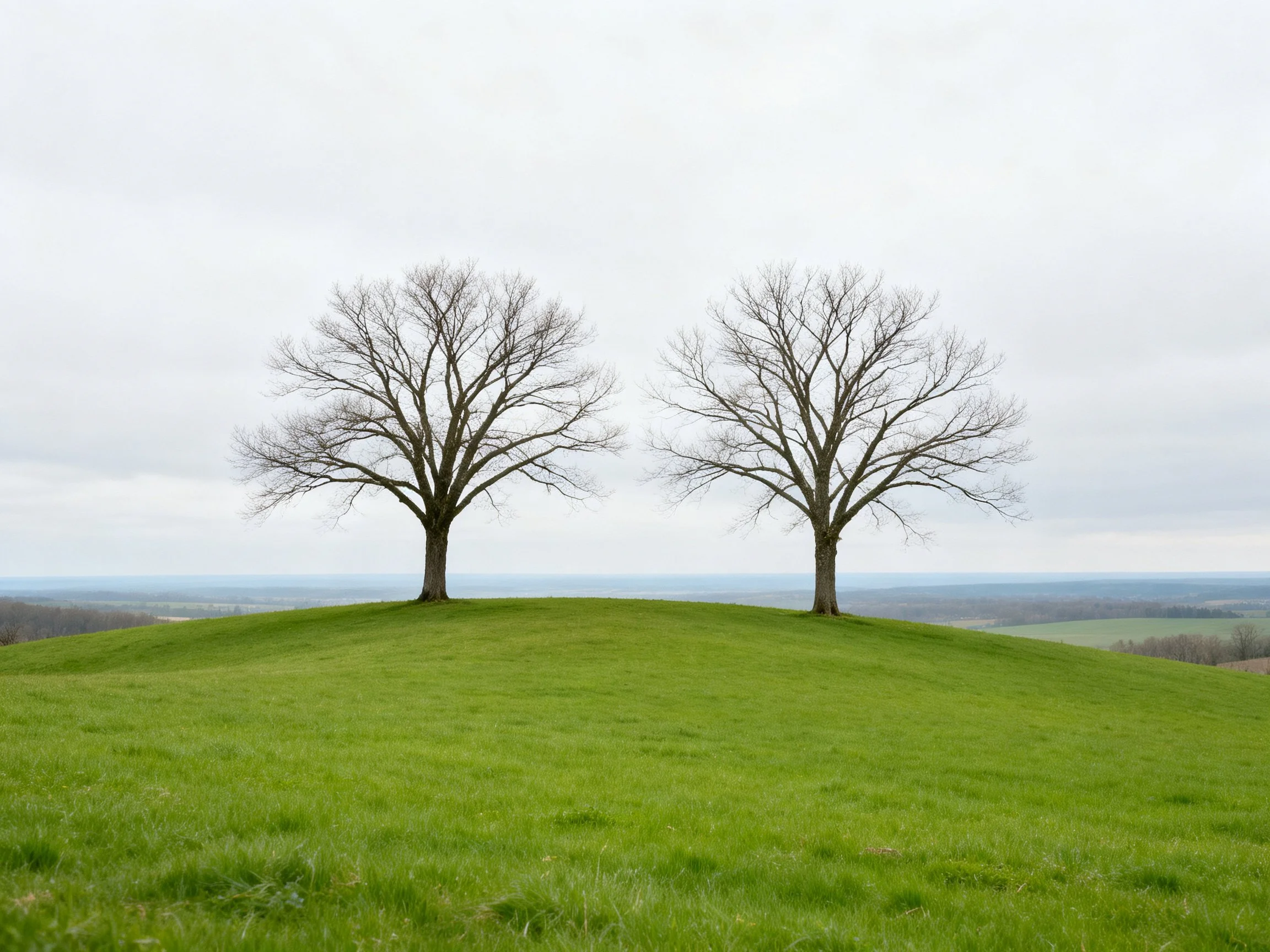 Two bare trees stand on a lush green hilltop with distant landscapes under an overcast sky.