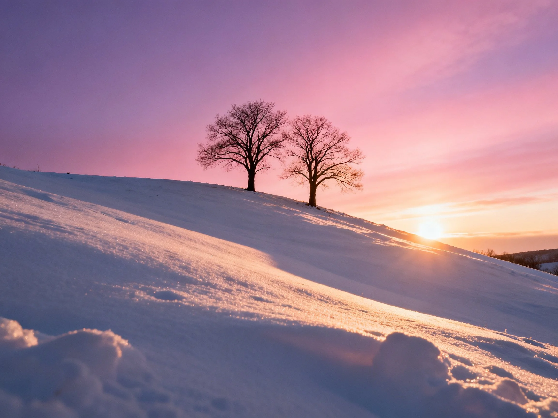 Two bare trees stand on a snow-covered hill during a colorful sunset