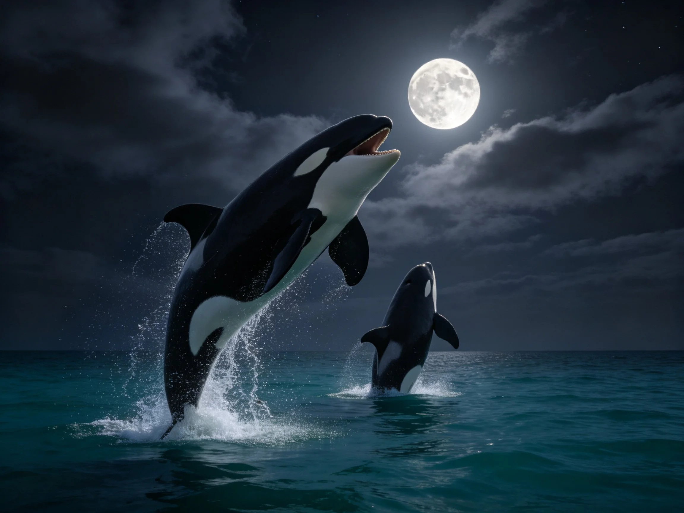 Two black-and-white orcas leap from turquoise ocean under a bright full moon