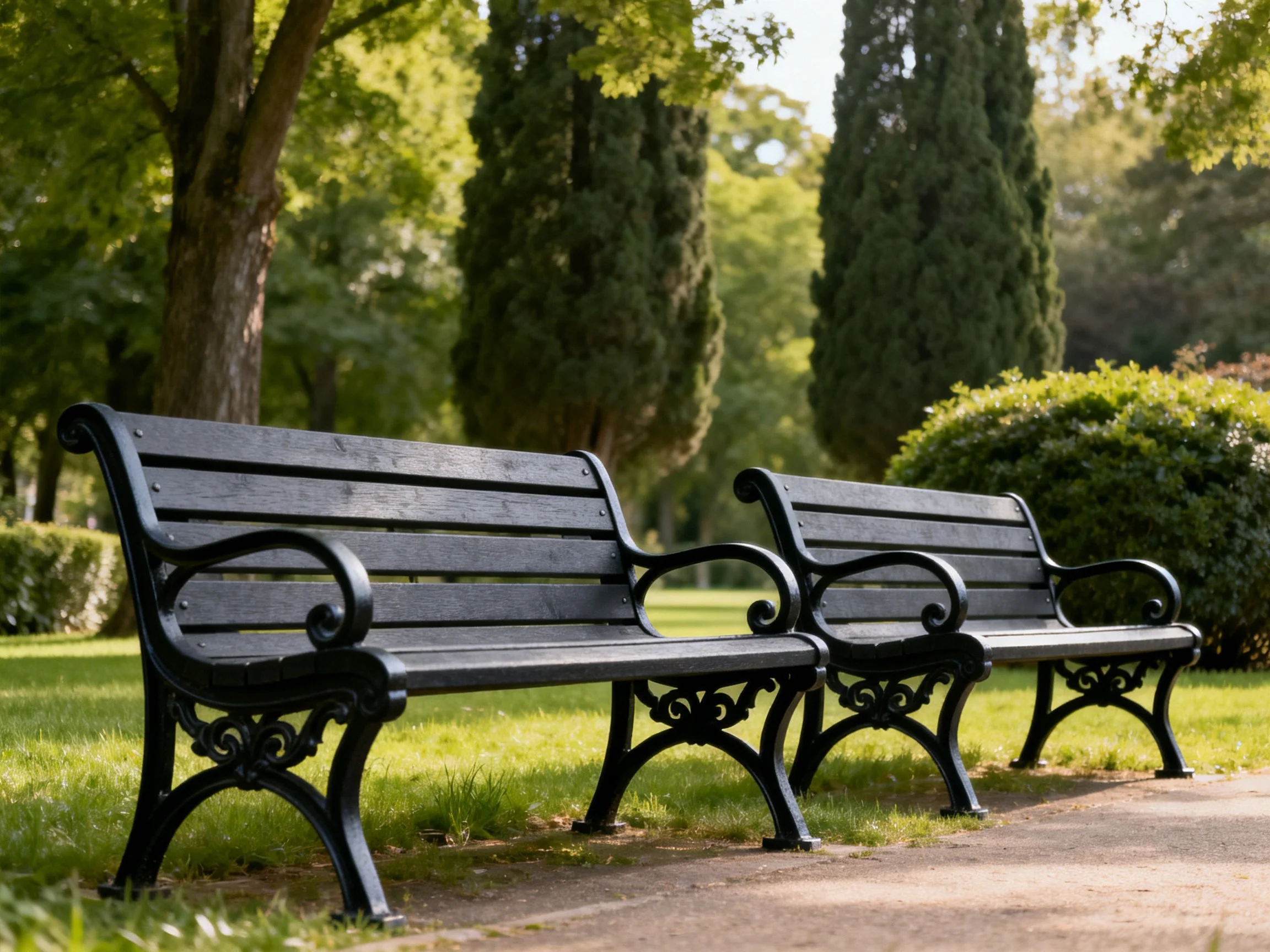Two black wooden benches with ornate metal frames in a lush park