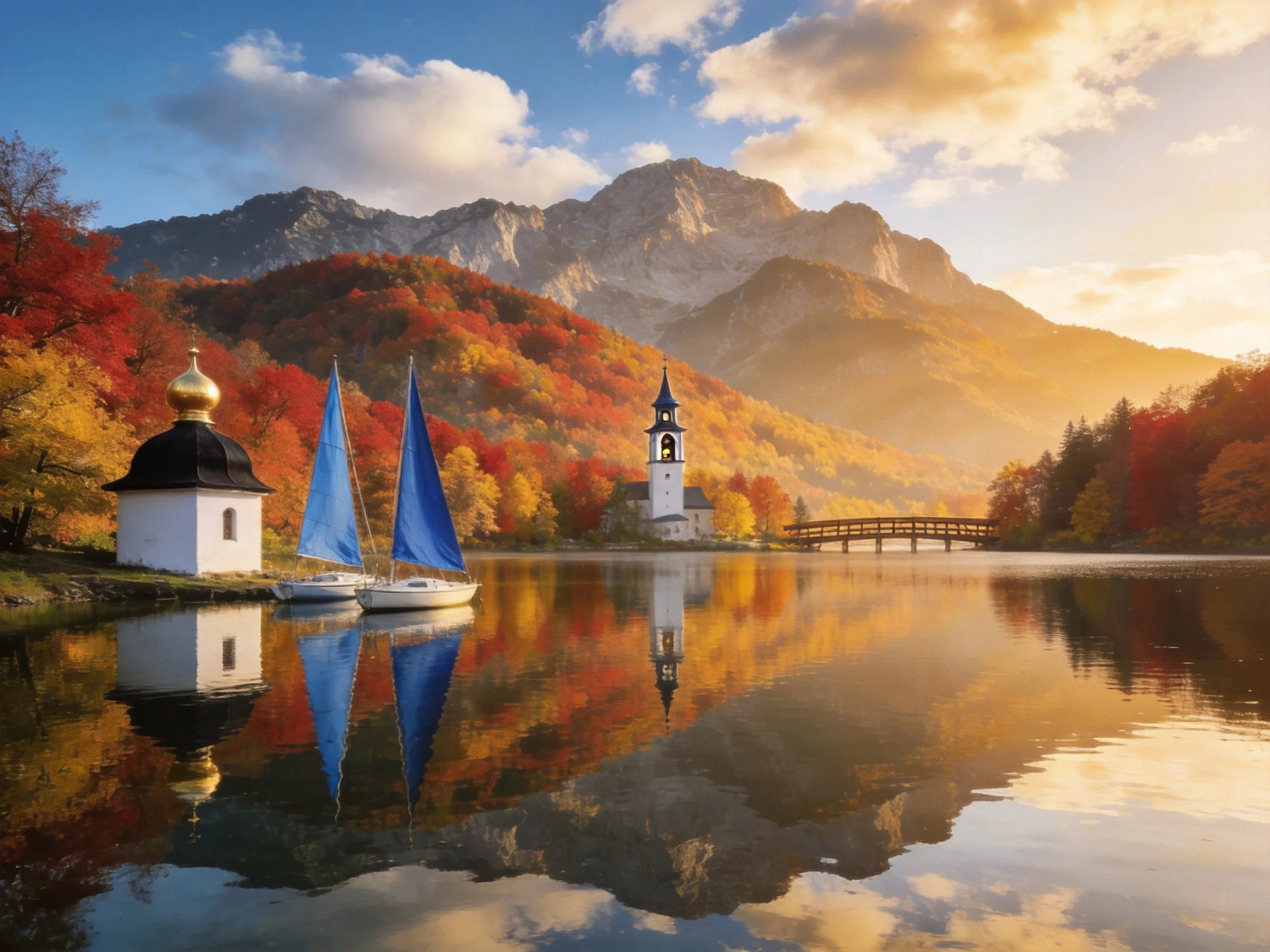 Two blue-sailed boats near a white chapel with golden dome, autumn forest, mountain lake reflection