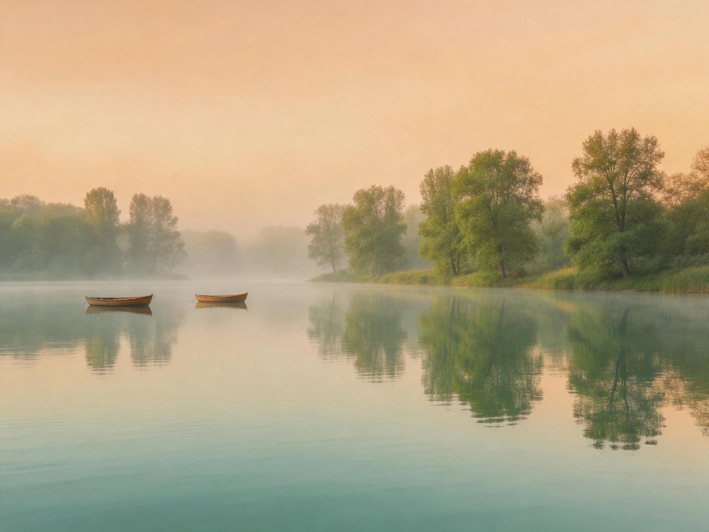 Two boats float on a misty lake with lush green tree reflections