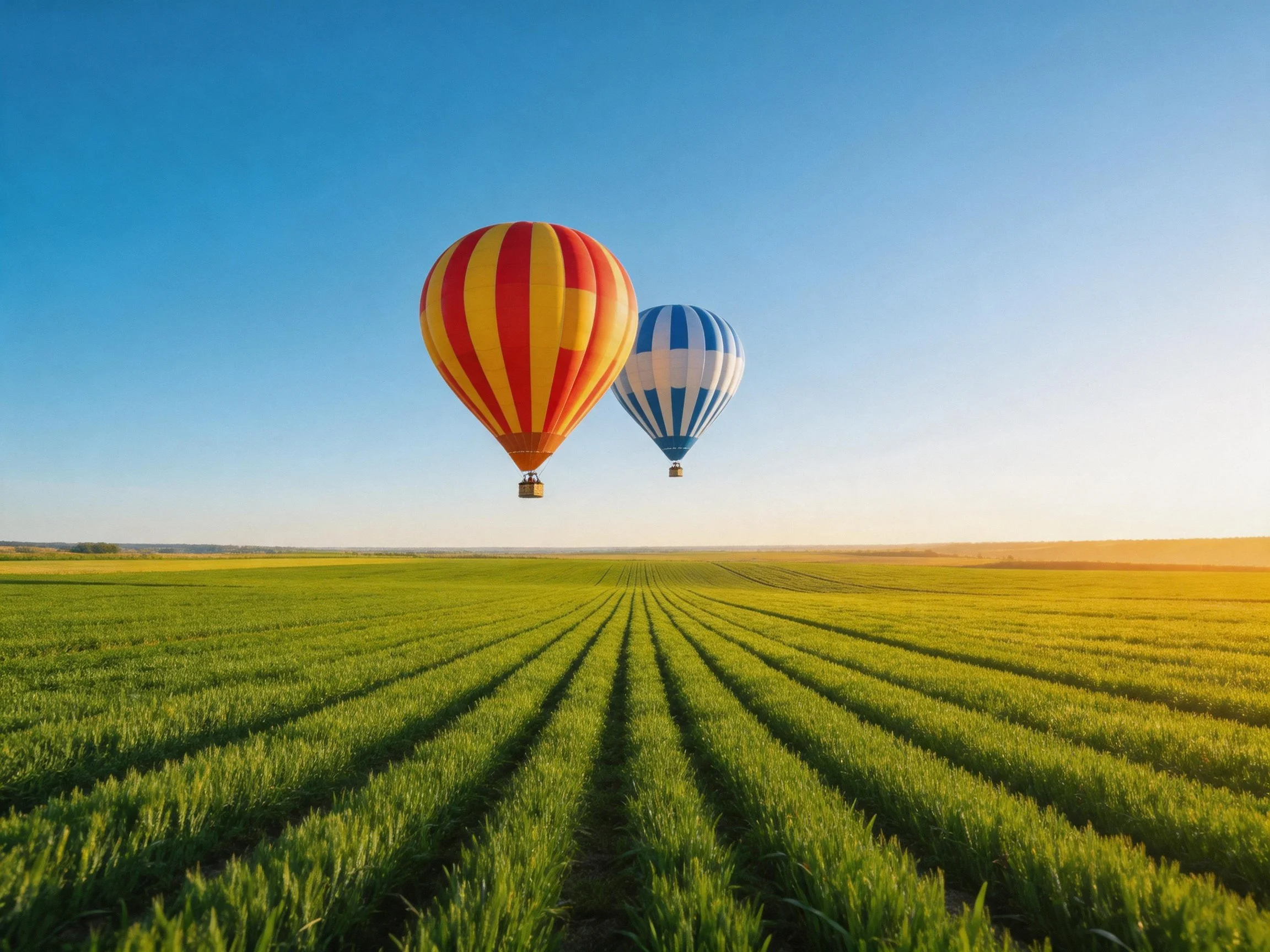 Two brightly colored hot air balloons drift over a lush green field.