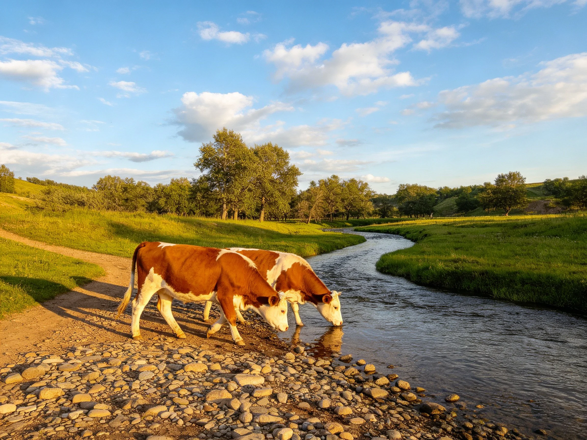 Two brown and white cows drink from a rocky stream beside lush green fields