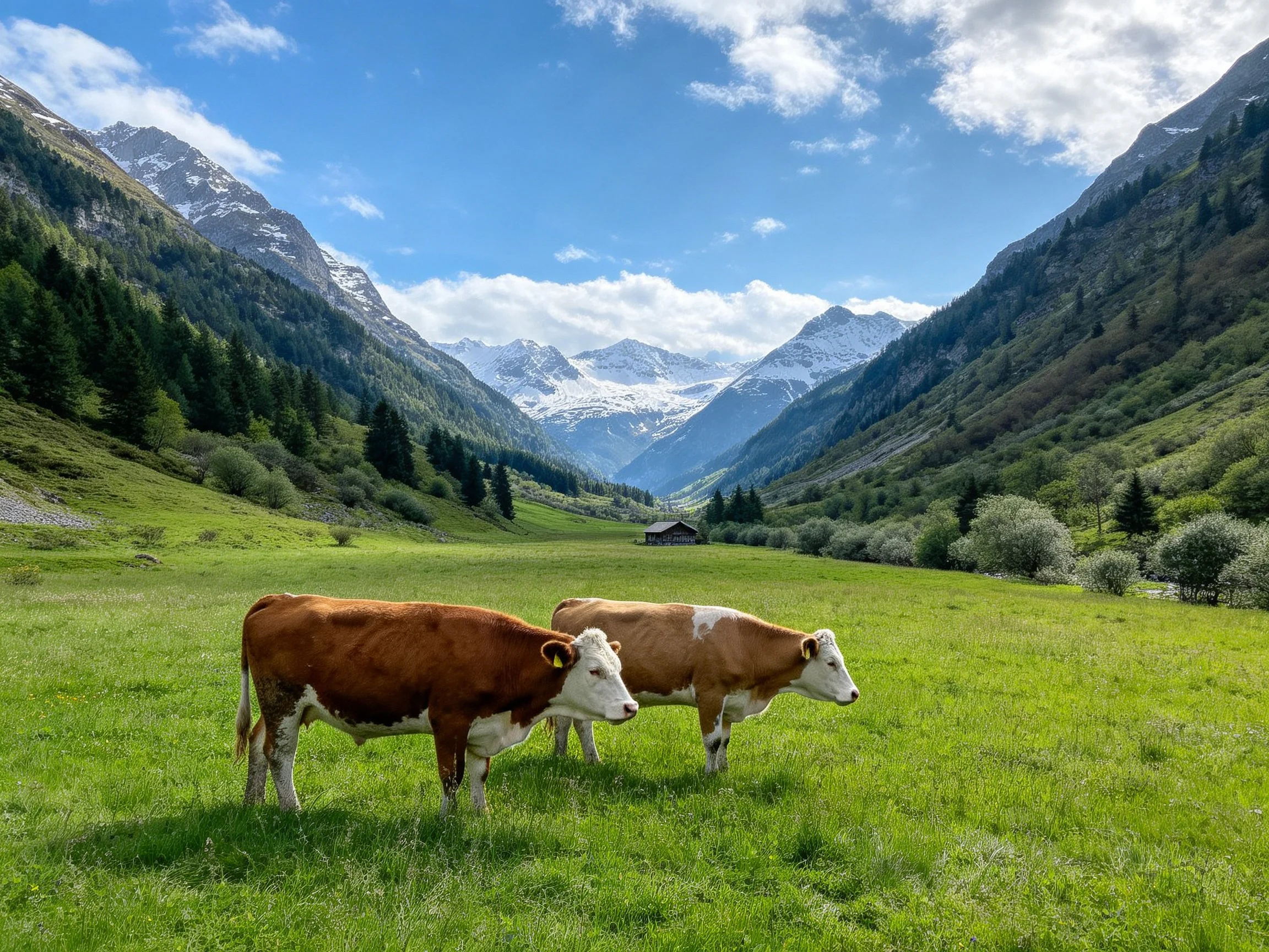 Two brown-and-white cows graze in a lush green valley with snow-capped mountains
