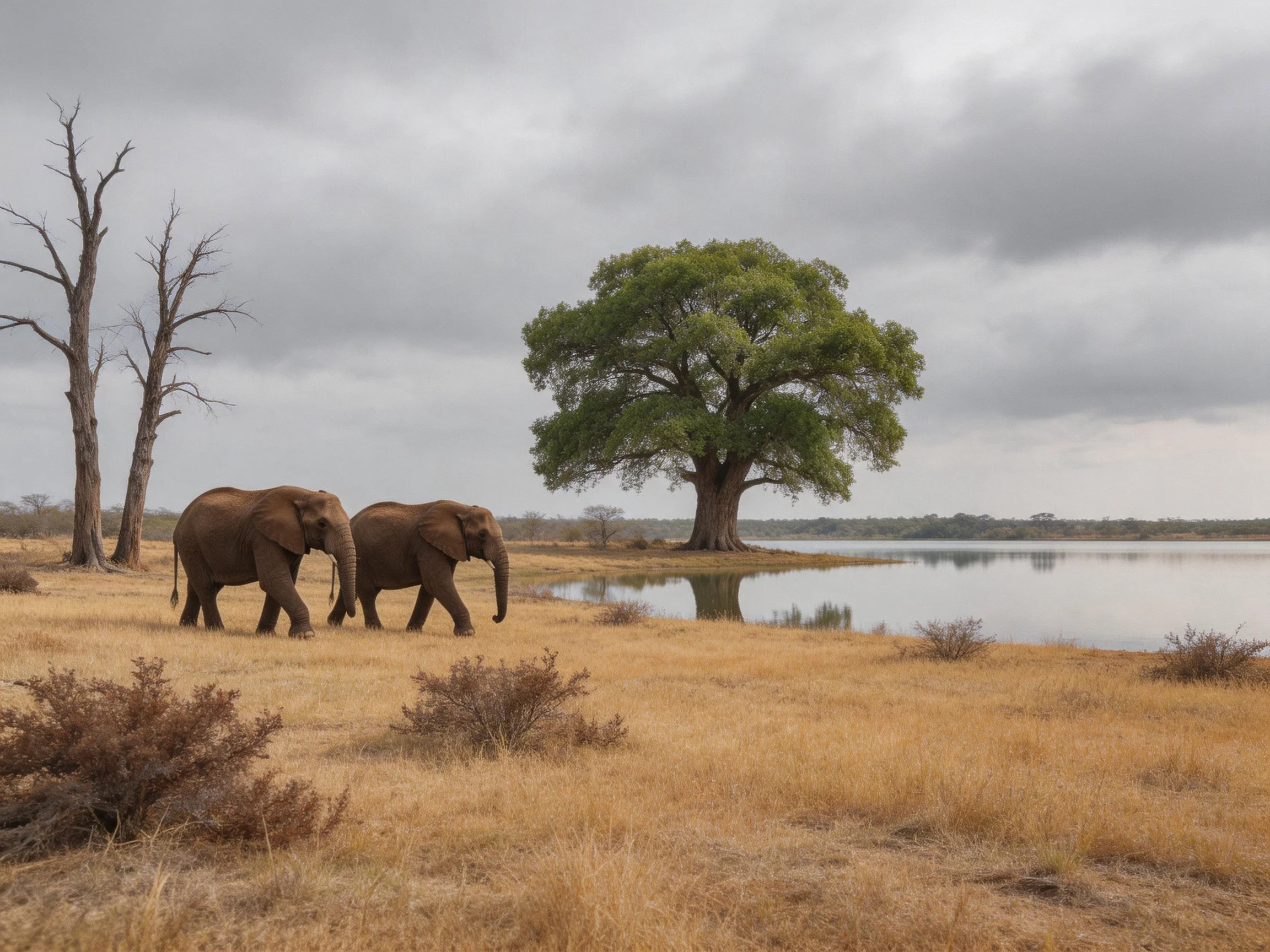 Two brown elephants walk near a large green tree by calm water