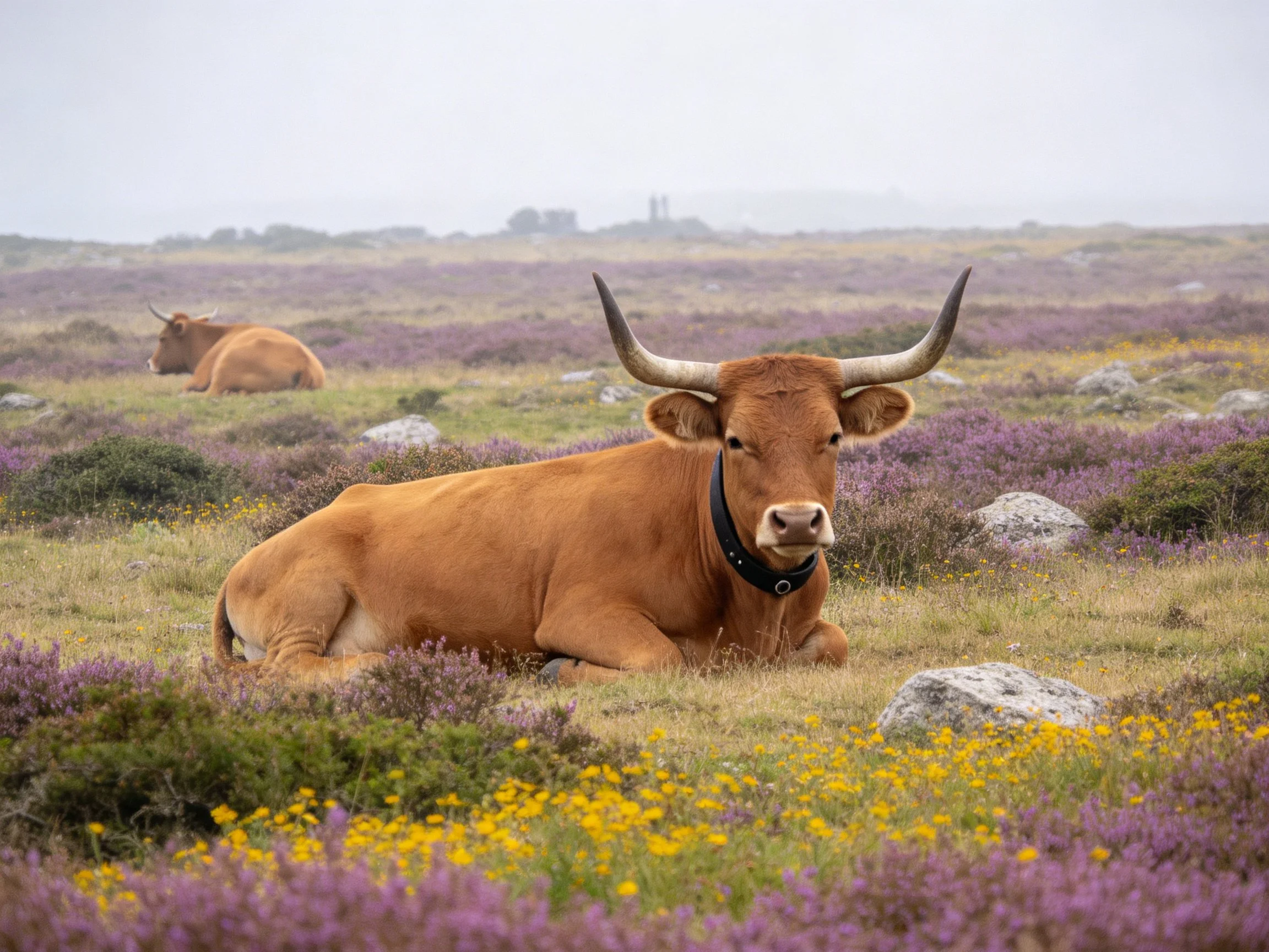 Two brown horned cattle rest amid purple and yellow wildflowers