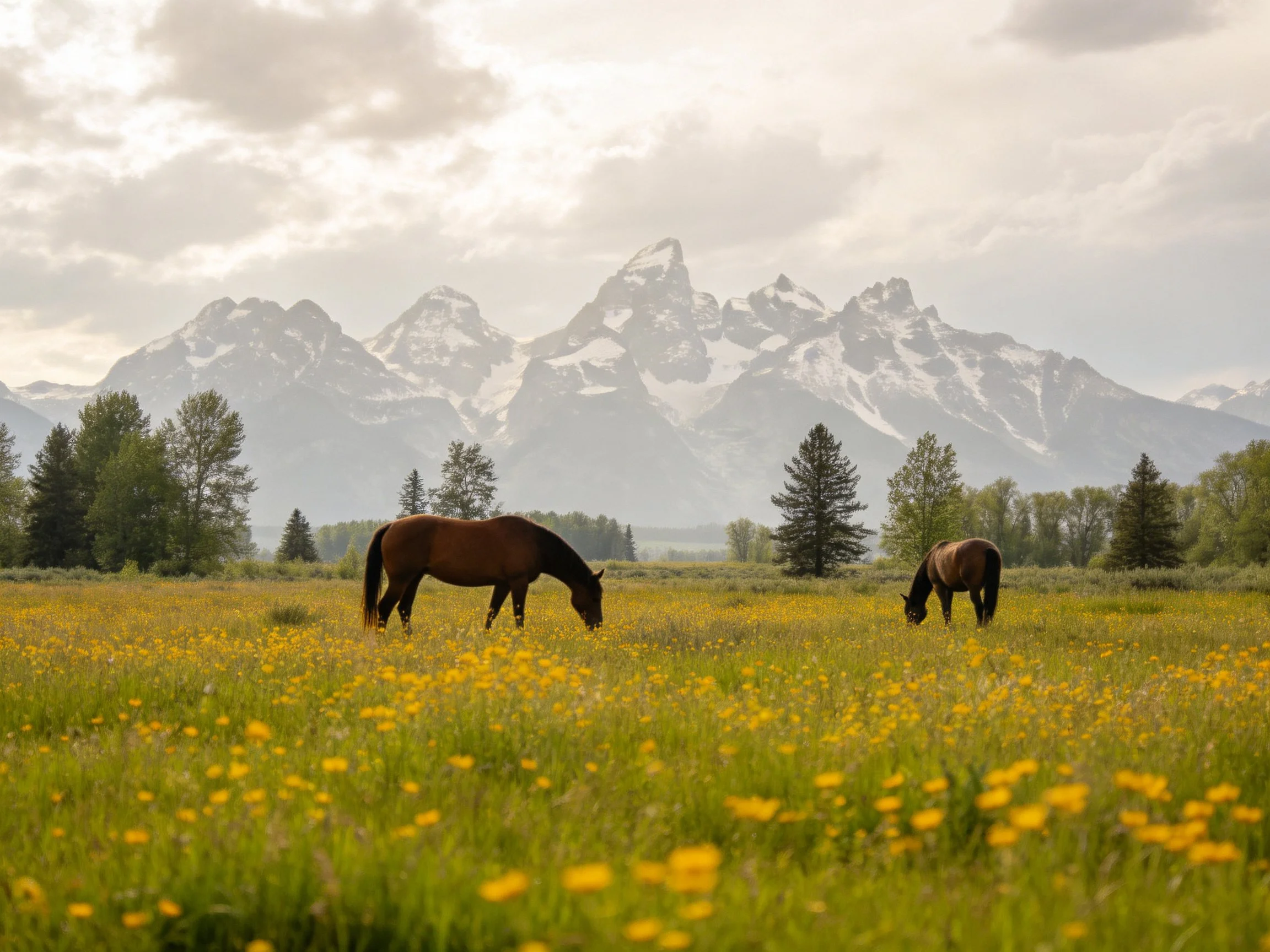 Two brown horses graze in a yellow-flowered meadow with snow-capped mountains