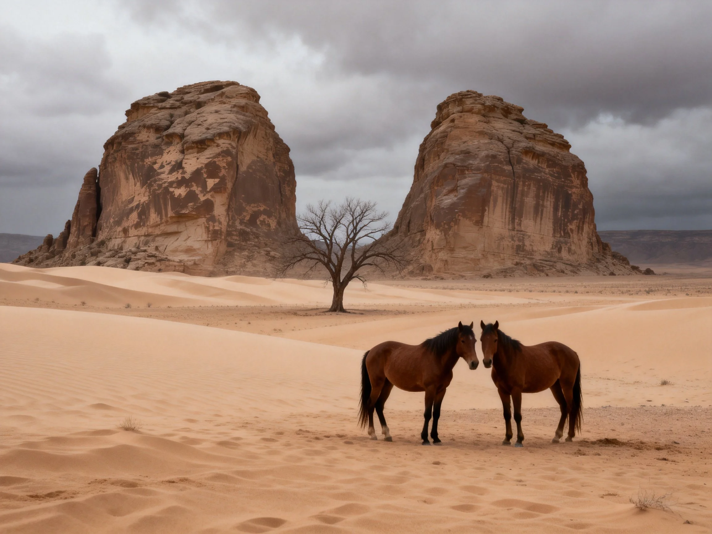 Two brown horses near sandy dunes with massive rock formations