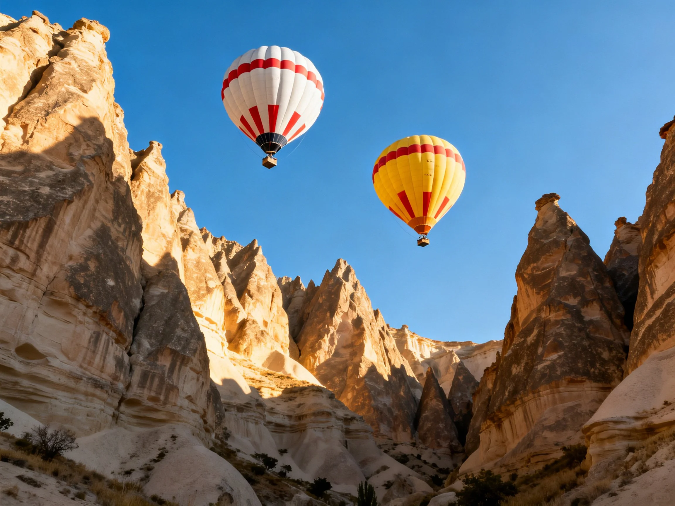 Two colorful hot air balloons float above unique geological rock formations