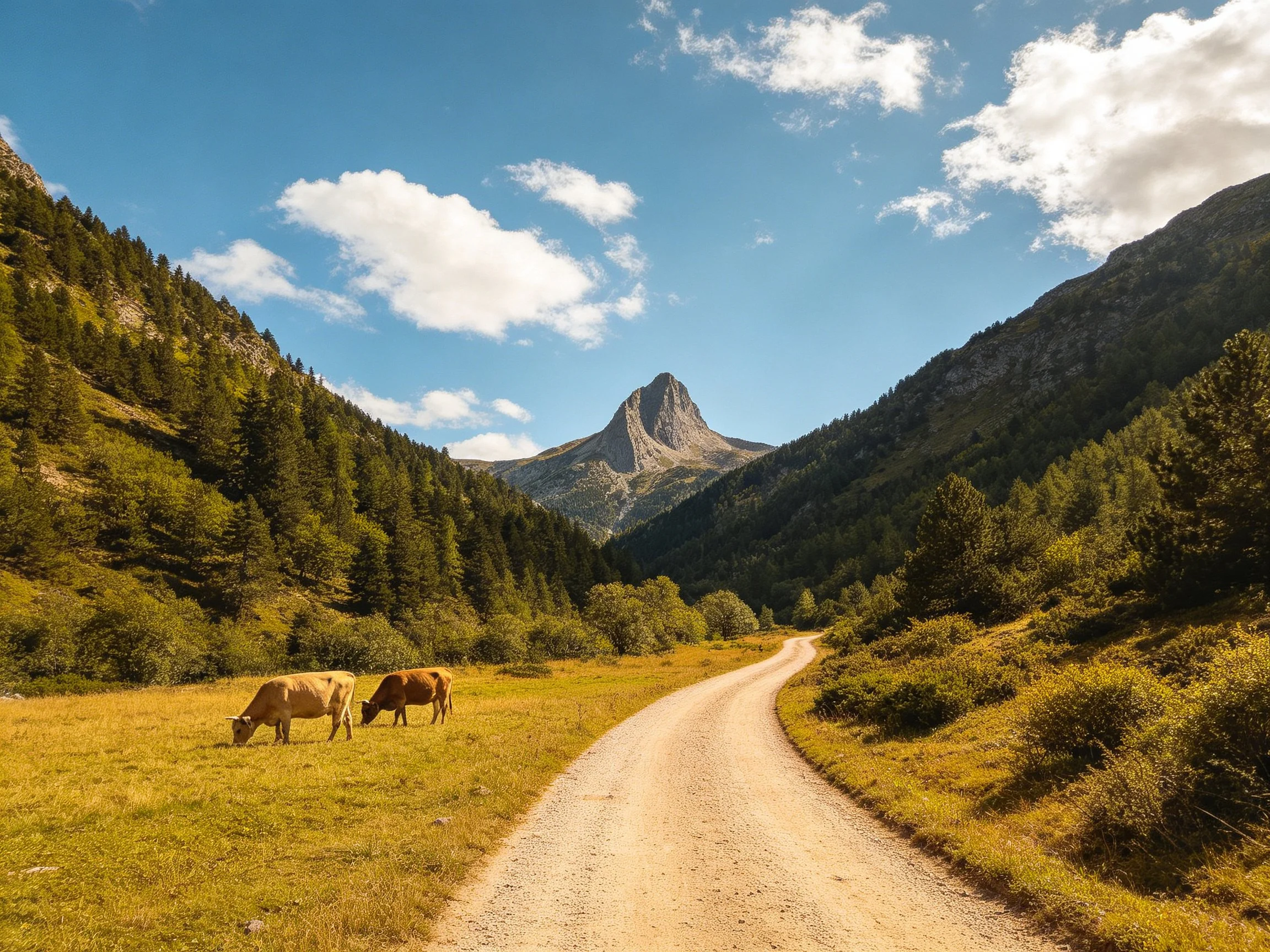 Two cows graze near a winding dirt road with forested mountains and a sharp peak