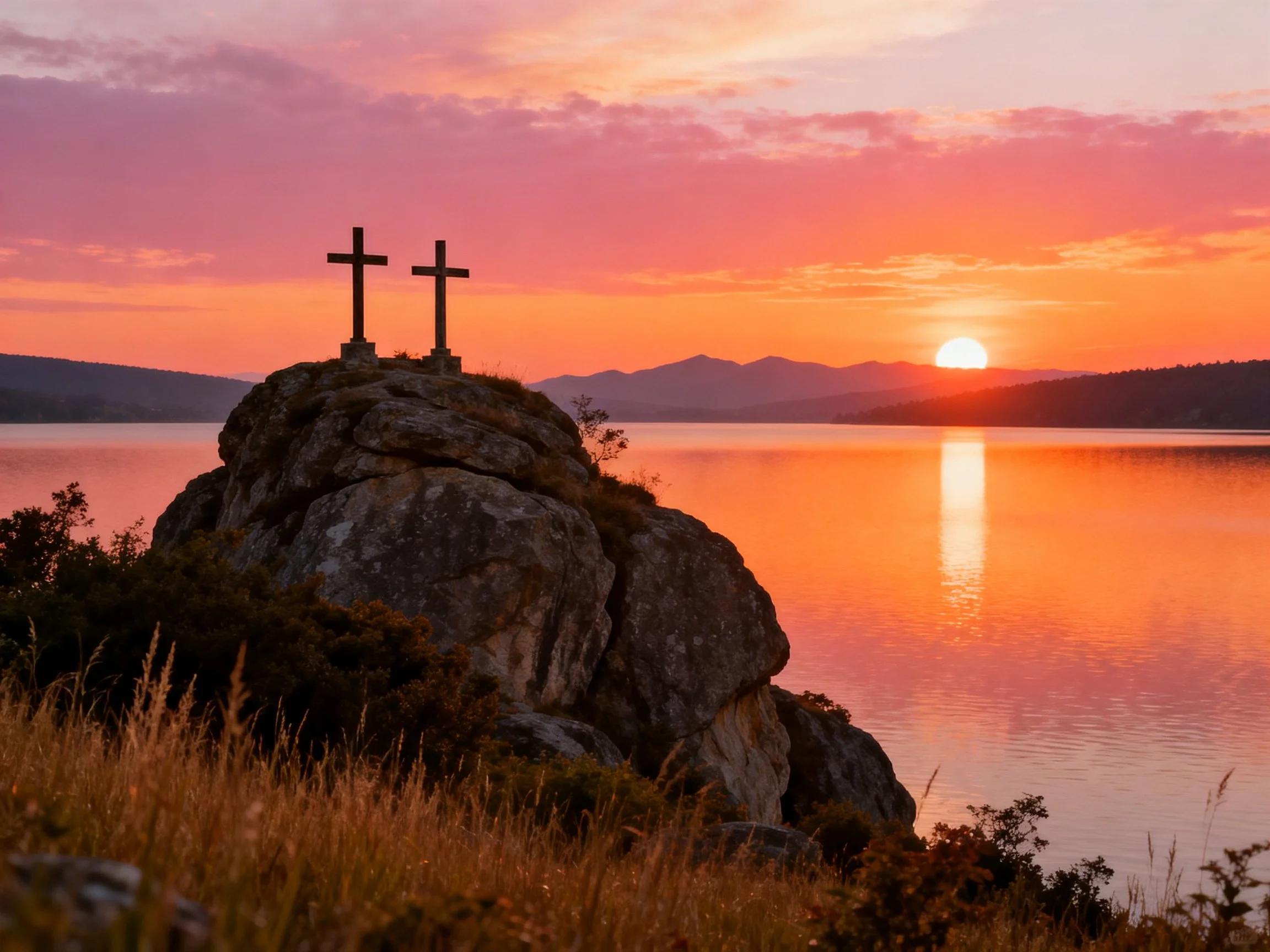 Two crosses atop a rocky outcrop by a serene lake at sunset