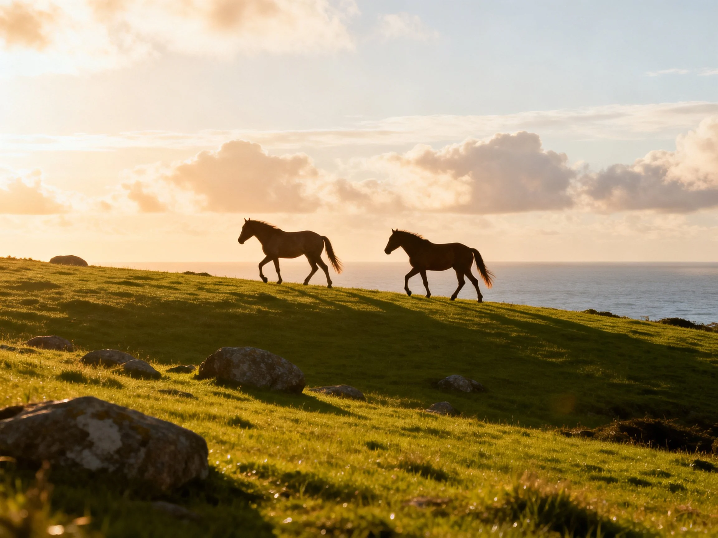 Two dark brown horses trotting on a sunlit green hillside by the ocean