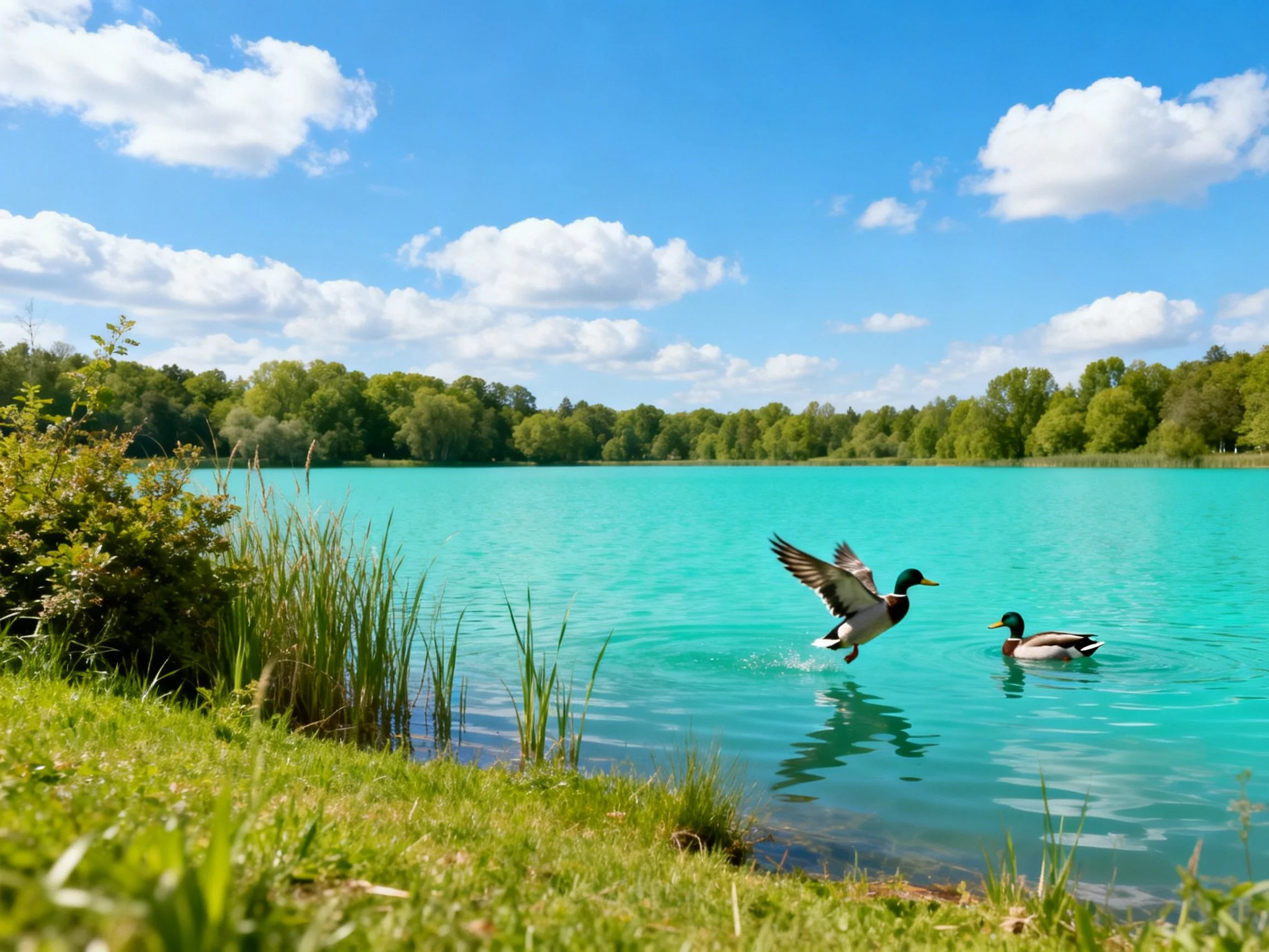 Two ducks by a vivid turquoise lake with green surroundings