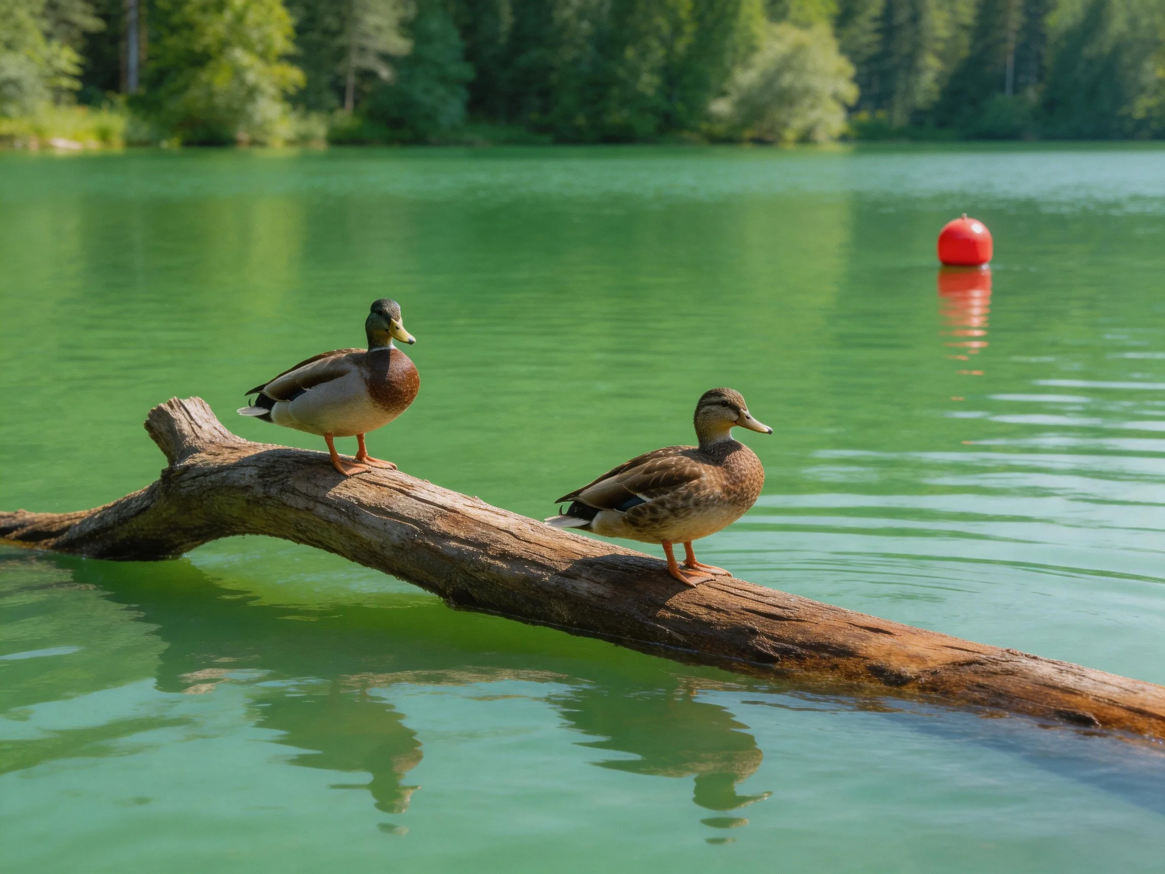 Two ducks rest on a weathered log over emerald water with a red buoy