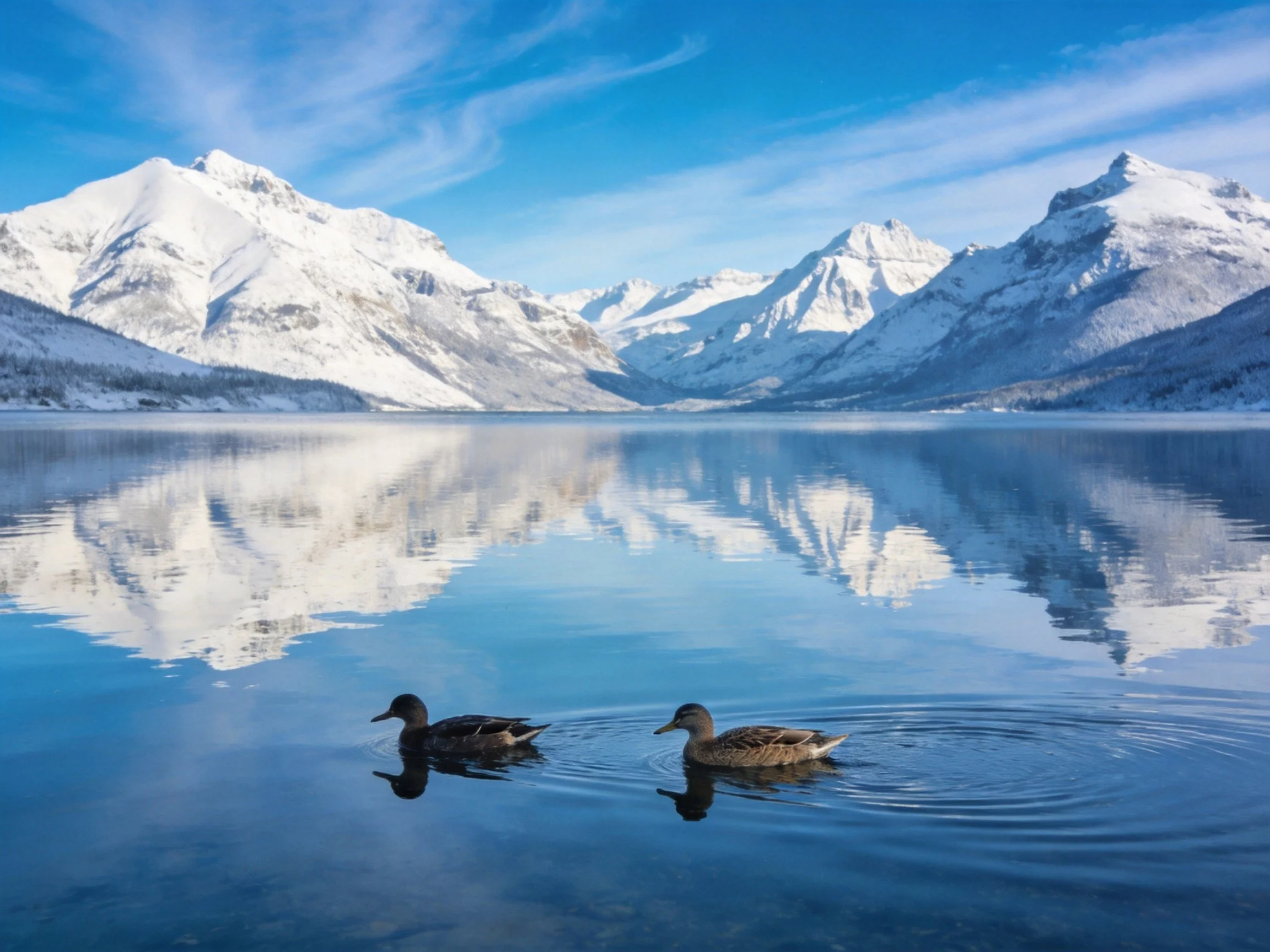 Two ducks swim in a calm lake reflecting snowy mountain peaks