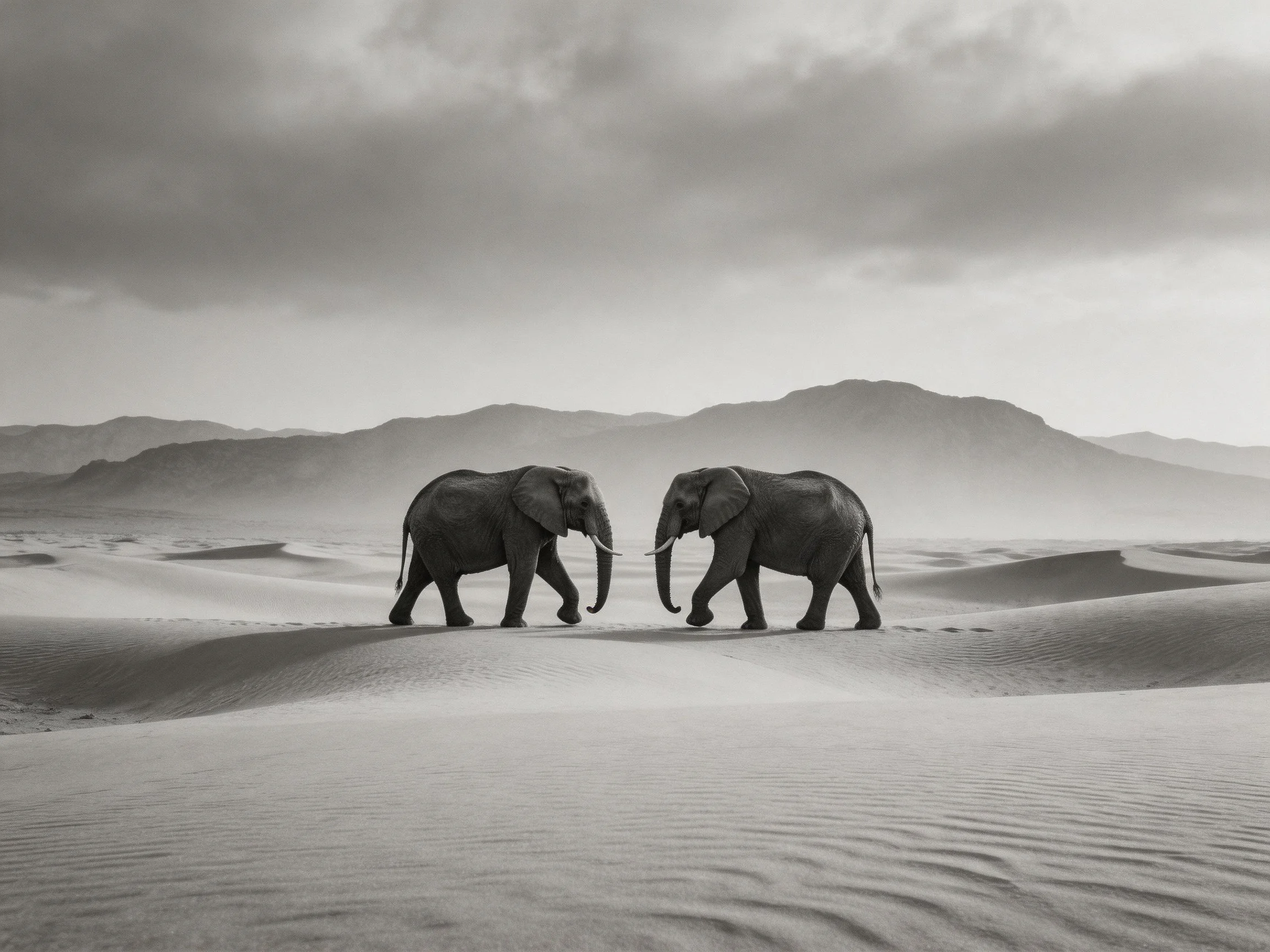 Two elephants traverse expansive sand dunes near distant mountains