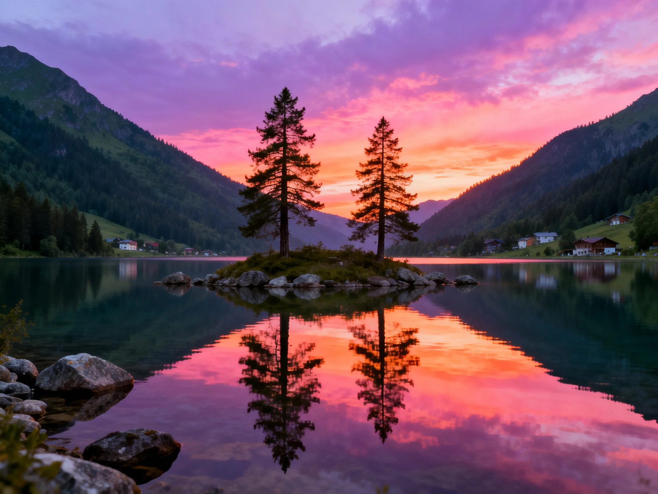 Two evergreen trees reflect against colorful sunset skies over calm waters