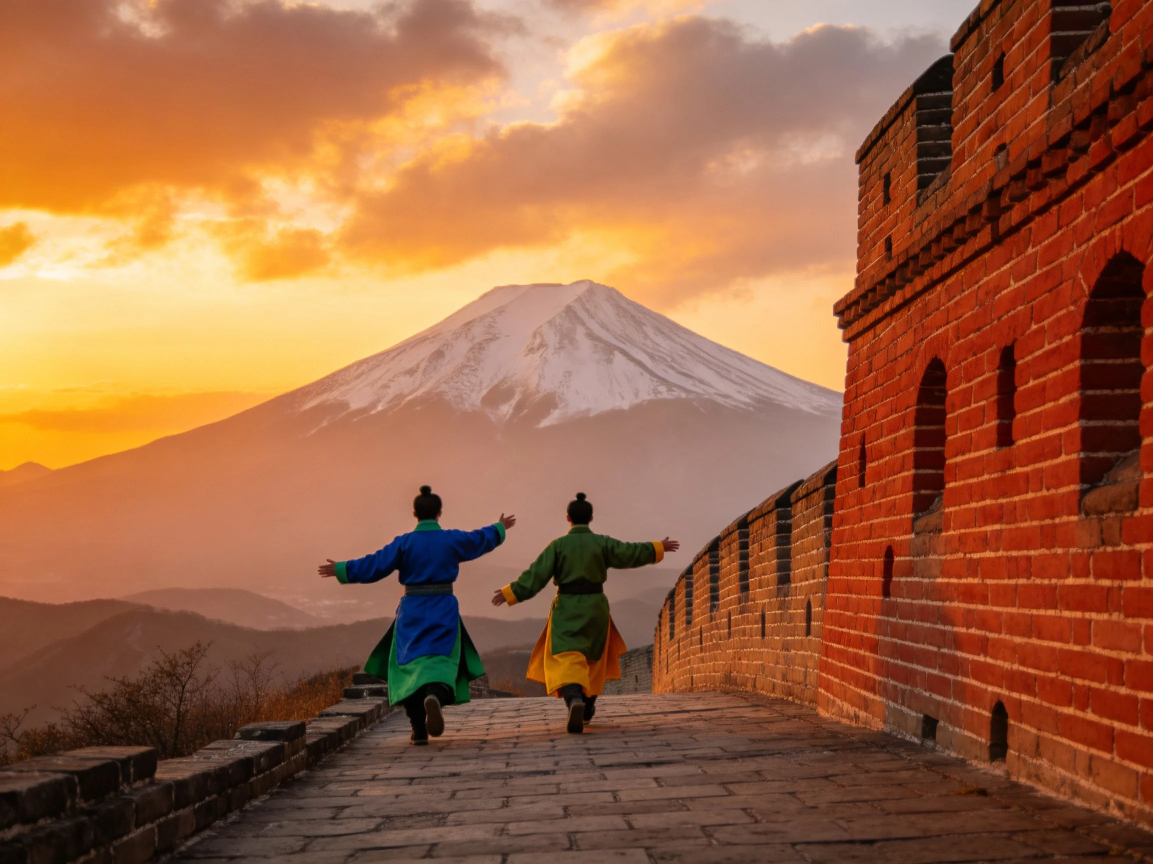 Two figures in traditional robes run along the Great Wall near a snow-capped mountain at sunset