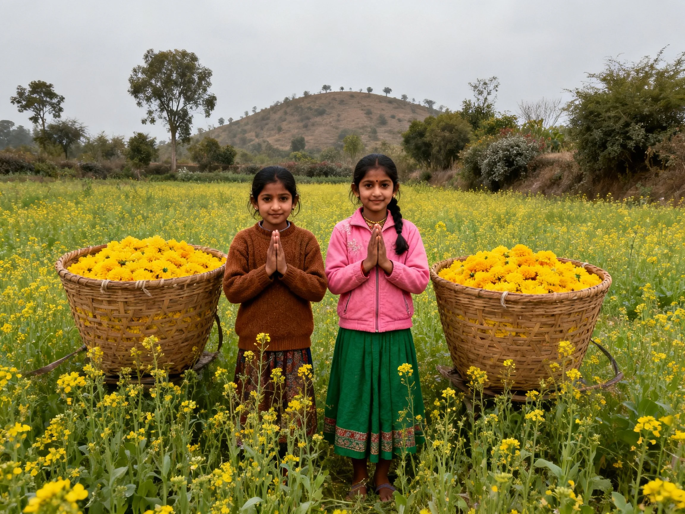 Two girls stand between large baskets of yellow flowers in a rural field