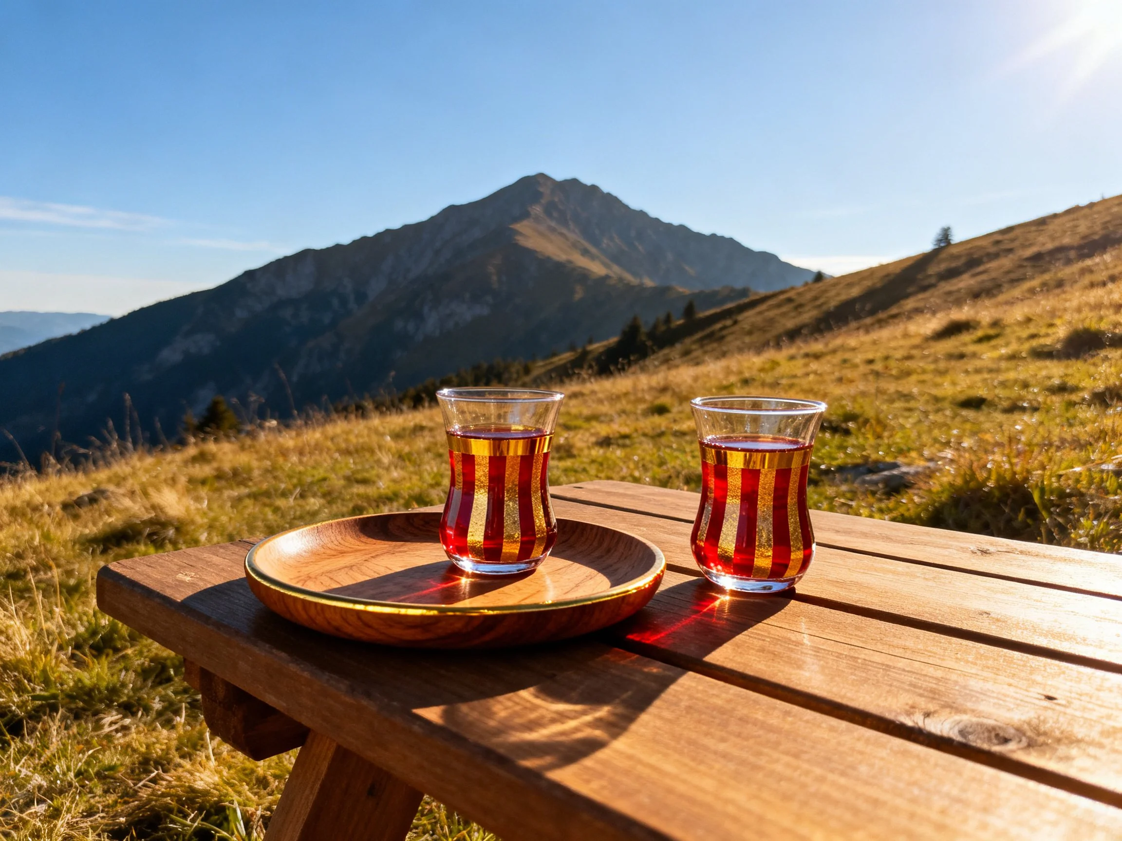 Two glass cups with red-yellow stripes hold drink on wooden table near mountains