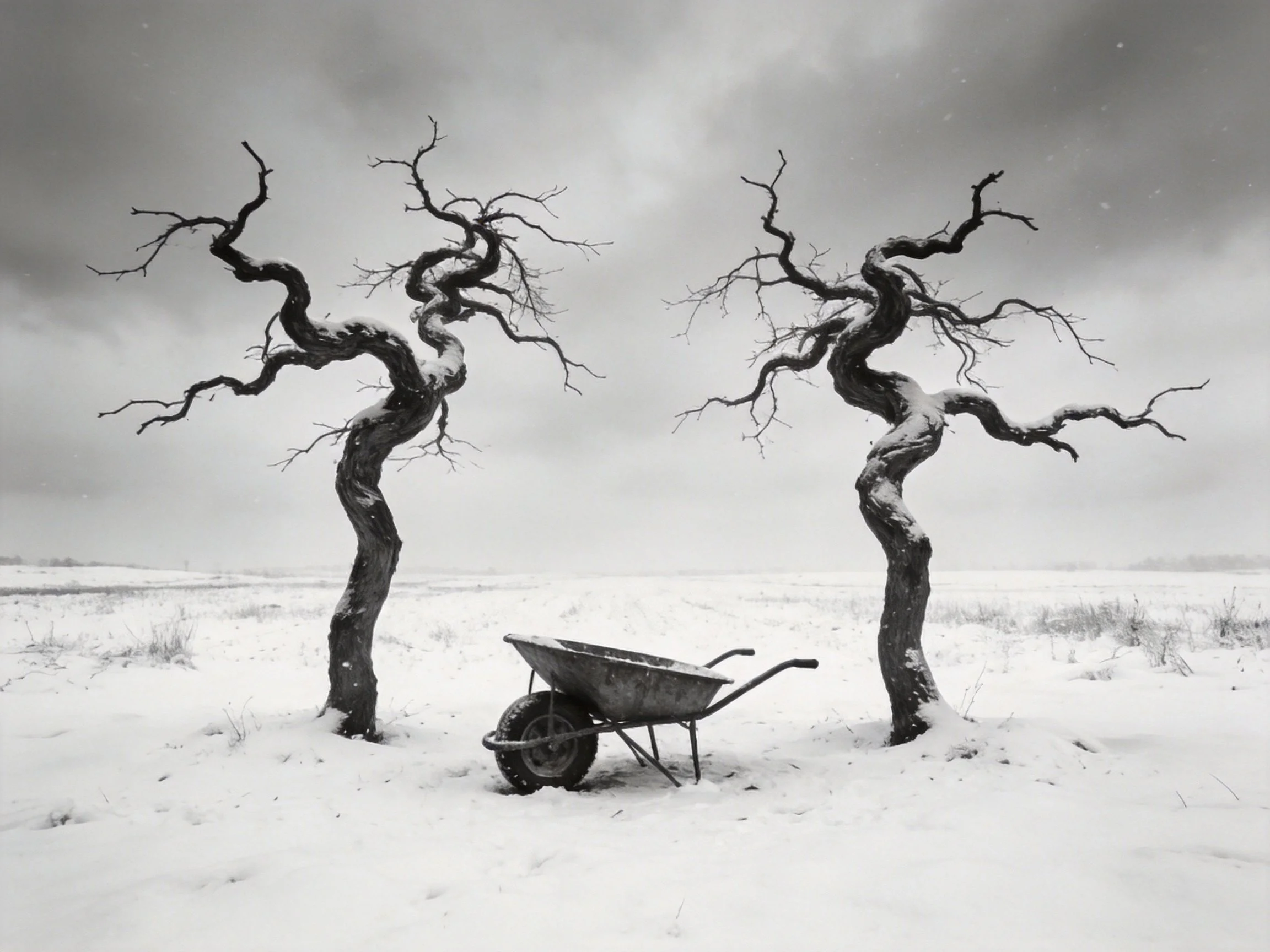 Two gnarled leafless trees beside a snow - covered wheelbarrow